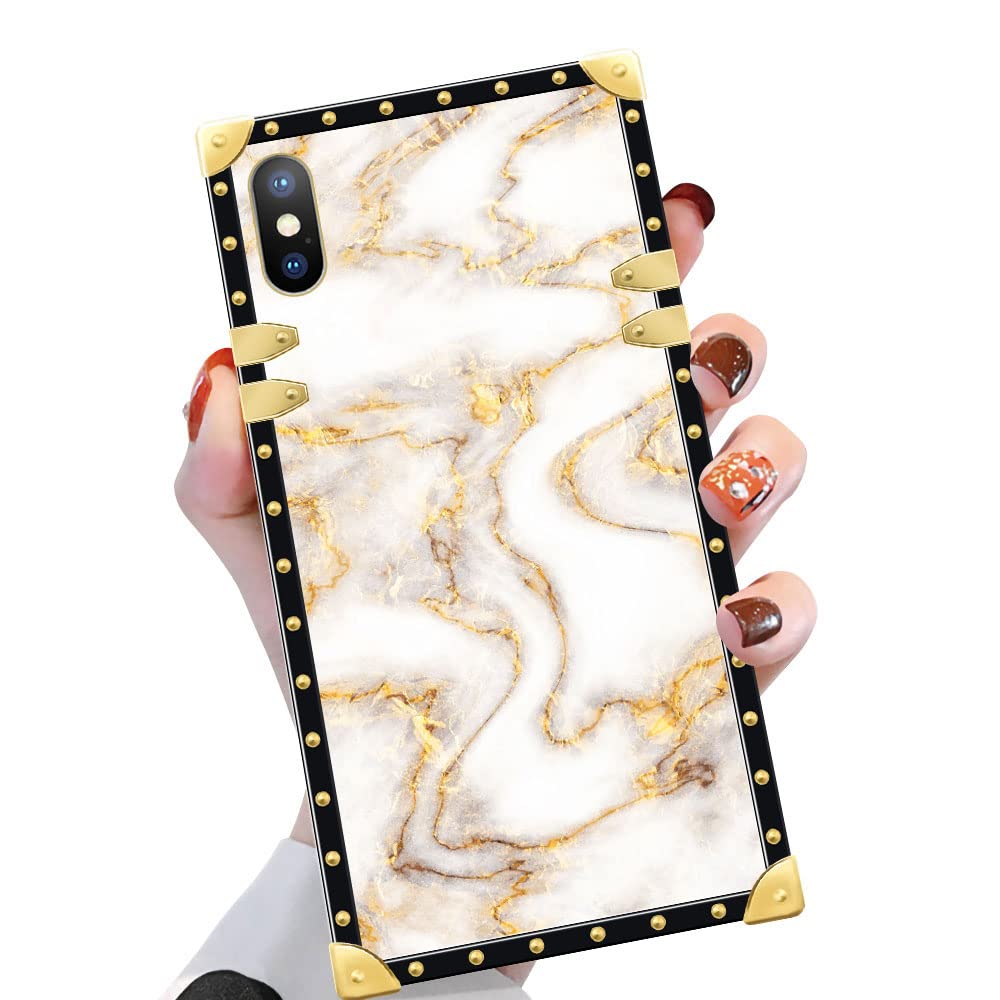 Yuning419iPhone Xs Max Case, Platinum Marble iPhone Xs Max Cases for Girls Womens, Luxury Golden Decoration Square Soft TPU Shockproof Protective Hard PC Back for iPhone Xs Max 6.5 inch
