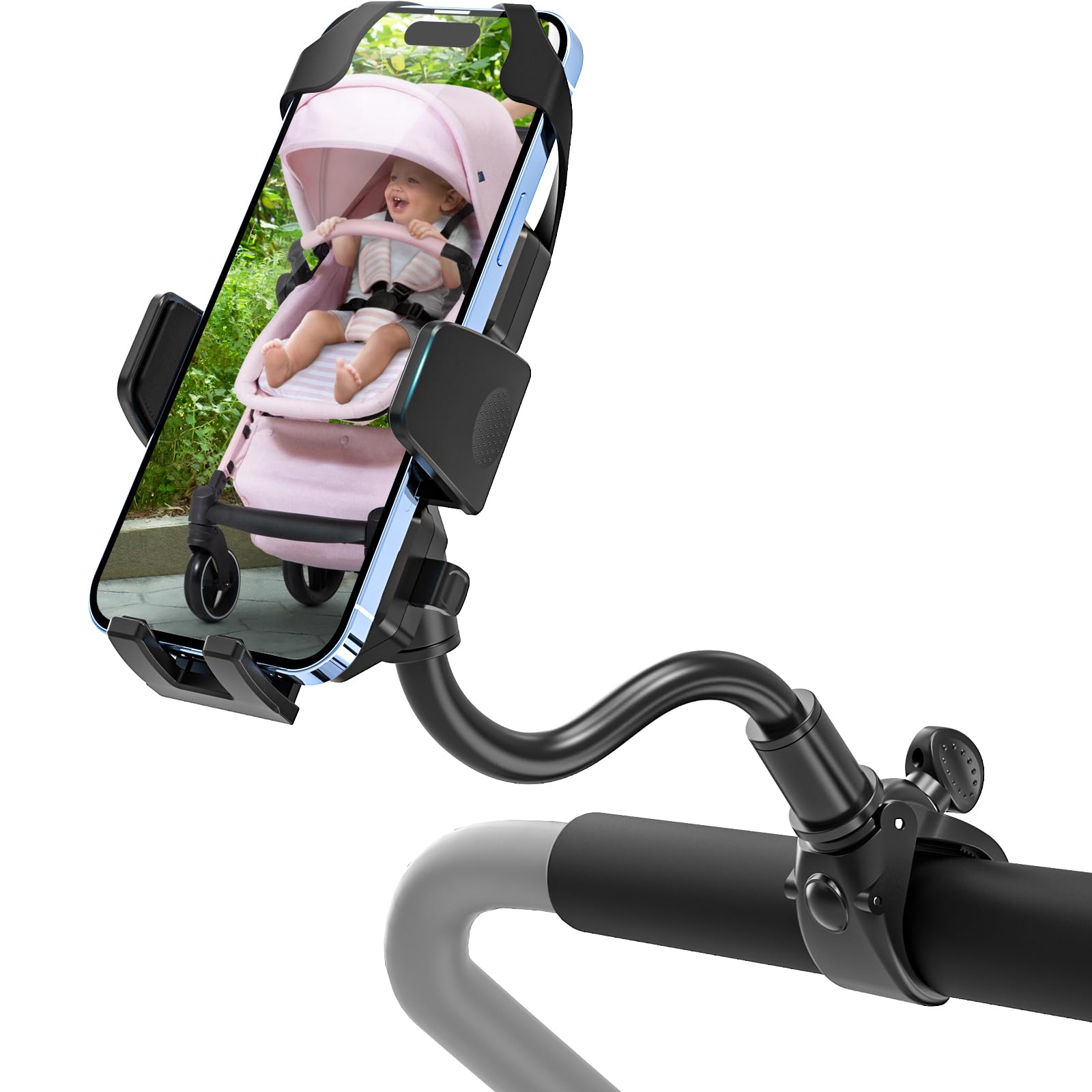 Dosvsi Stroller Phone Holder, Cell Phone Mount for Baby Stroller, Shopping Cart, Flexible Gooseneck & One-Hand Operation Handlebar Clamp for iPhone 15