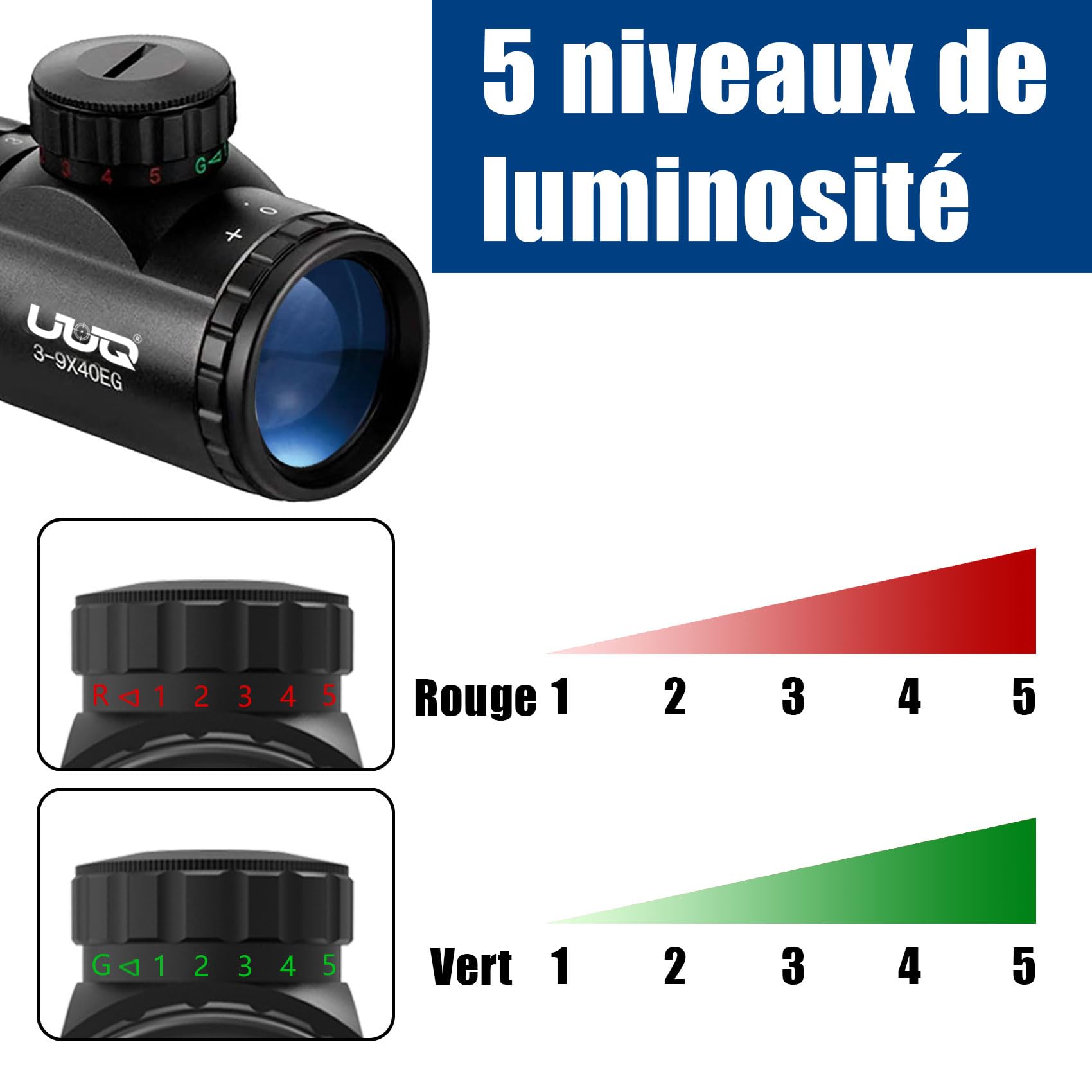 UUQ 3-9×40 Rifle Range con iluminación roja/Verde y medidor de Distancia Reticle Fits 20mm Free Mount, Resistente al Agua, Resistente a la Niebla