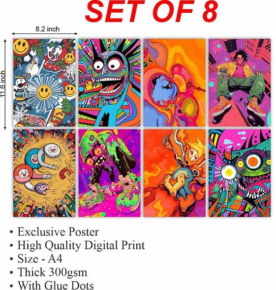 Image of CVANU Aesthetic Colorful Design Picture Printed 8pcs Wall Art Collage Kit Posters With Glue Dot Tape for Living Room| Office| Bedroom| Office| Walls Decorative Item (8.2inch X 11.6inch) 374