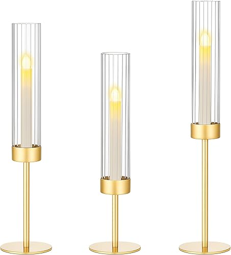 Ninonly Hurricane Candle Holders Set of 3, Tall Brass Candlestick Holders Metal Glass Candle Stands for Wedding Christmas Party Home Table
