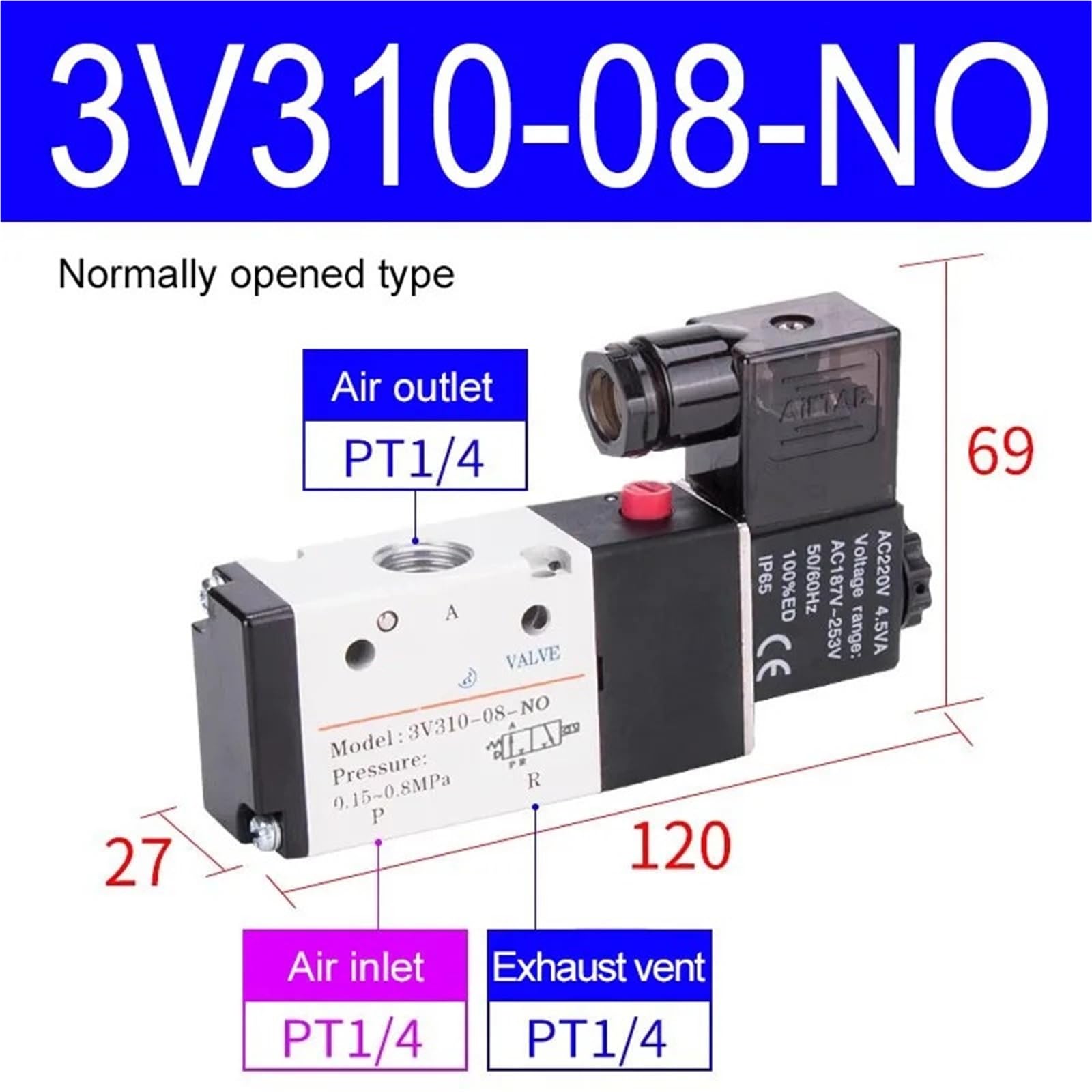 Electroválvula neumática de 3/2 vías 3V110-06, 3V210-08 y 3V310-10, válvula direccional de control de aire, CA/CC 12 V, 24 V, 110 V y 220 V(3V310-08-NO)