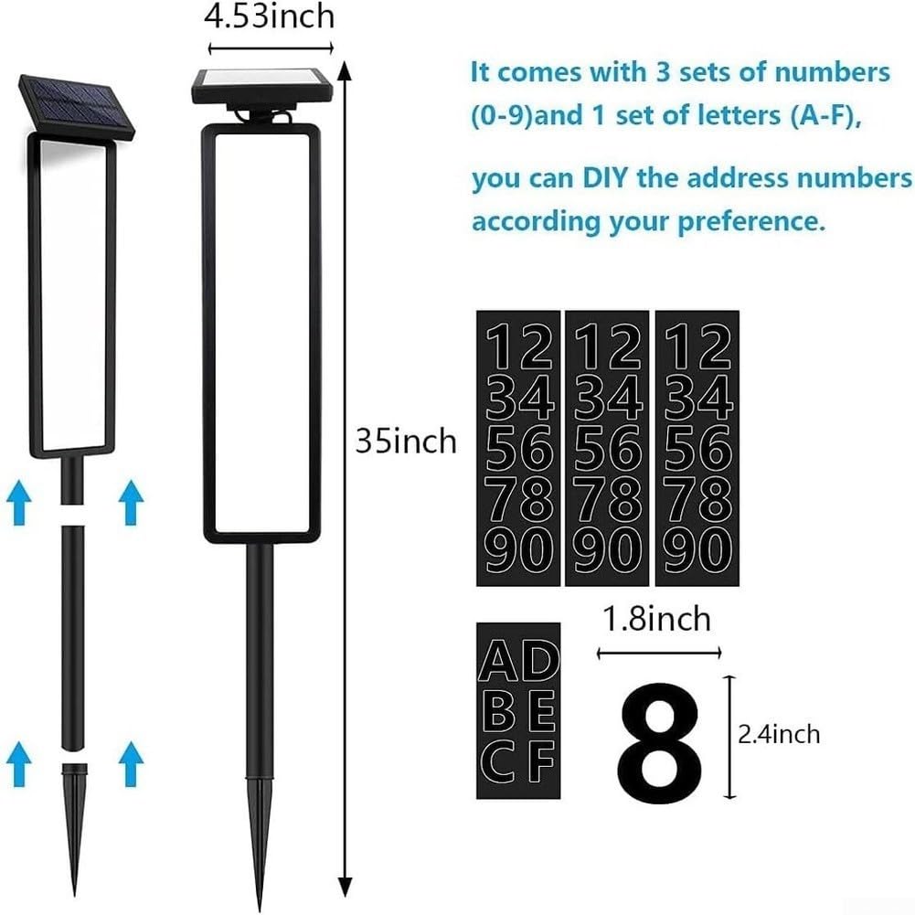 Targa solare a LED con numero civico impermeabile, altezza 102 cm, con picchetto, 3 temperature di colore, altezza regolabile, doppio pannello solare per esterni, giardino, vialetto, bianco, set di