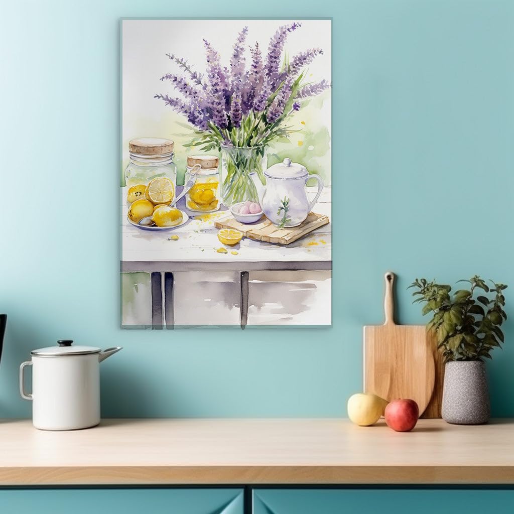 Canvas for Living room. Lemon Zest and Lavender Whispers: A Cozy Tableau of Refreshment and Serenity, 27 x 18 inch Canvas Wall Art - Contemporary Masterpieces - Modern Home Decor
