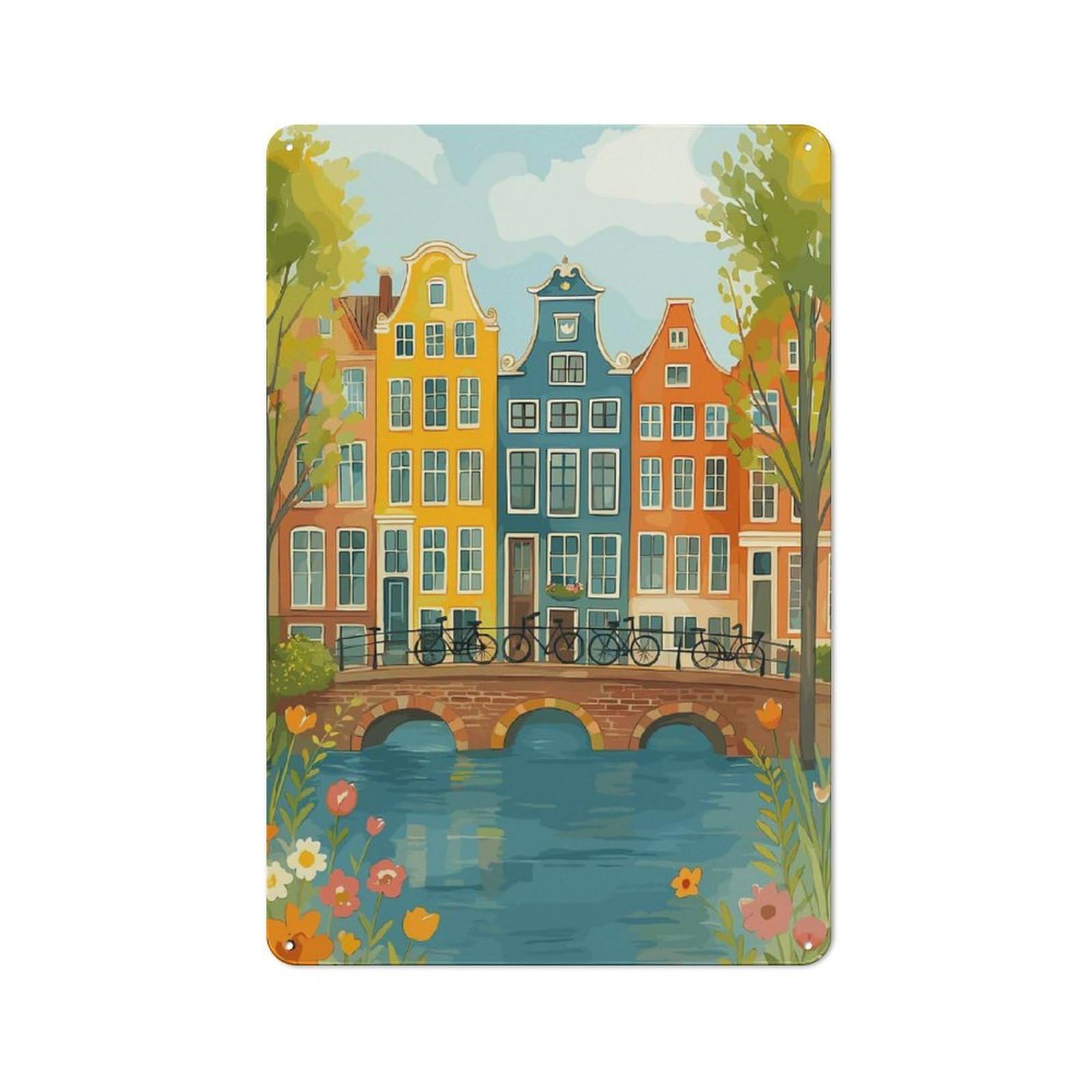 Junmoney Amsterdam Canal Houses And Bicycles Tin Sign With Design 30X20cm, Weathered Look Industrial Wall Art For Workshop, Basement, Shed Or Games Room