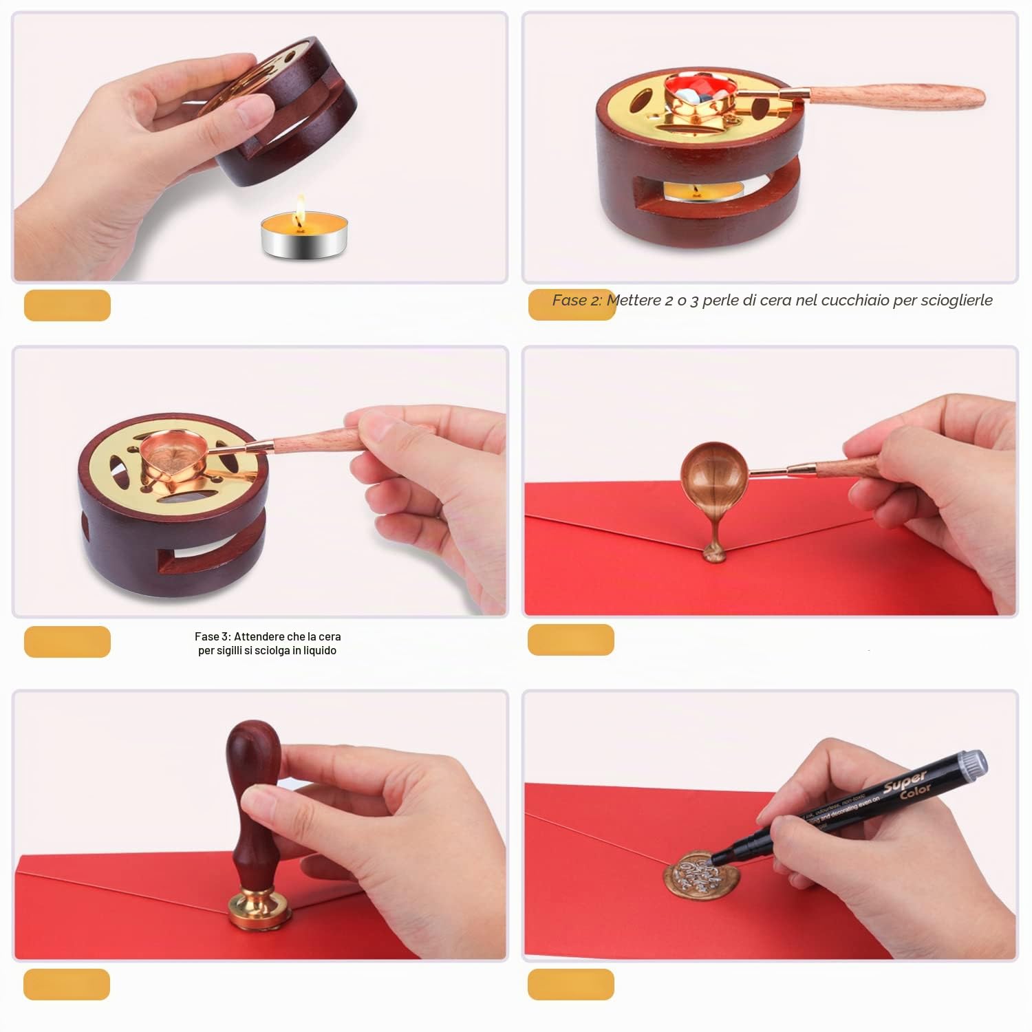 Set di cera per sigillo, 720 perline di cera, in 24 colori+1 timbro di cera+10 candele tealight + 1 scalda+2 penne acriliche, ecc. per buste, lettere, matrimoni, biglietti di Natale, confezione regalo