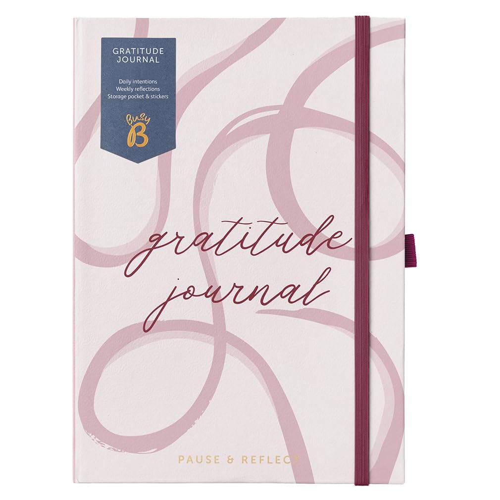 Busy B A5 Undated Gratitude Journal - Space for Daily Intentions, Weekly Reflections To Inspire Mindful Moments - With Notes, Storage Pocket & Stickers - Pink Ribbon Design