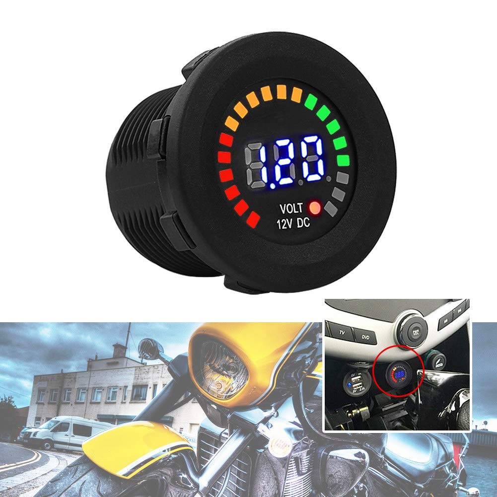 Nimomo Voltmetro Digitale a LED, Misuratore di Tensione, 12V Led Rilevatori Colorato Display Digitale Impermeabile Calibro per Auto Moto, Nero