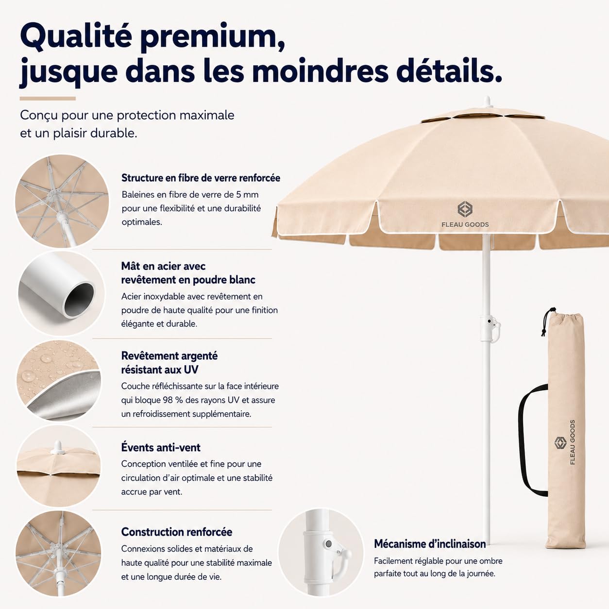 Fleau Goods Parasol de plage – Parasol – Réglable – Protection UV – Résistant à l'eau – Parasol à mât – Parasol de jardin