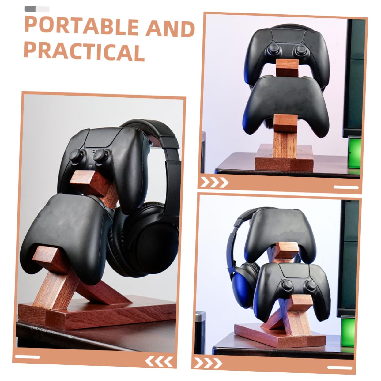 POPETPOP Supporto Design Semplice per Controller e Cuffie in Legno Marrone Organizer da Tavolo per Accessori Gaming per Area Intrattenimento