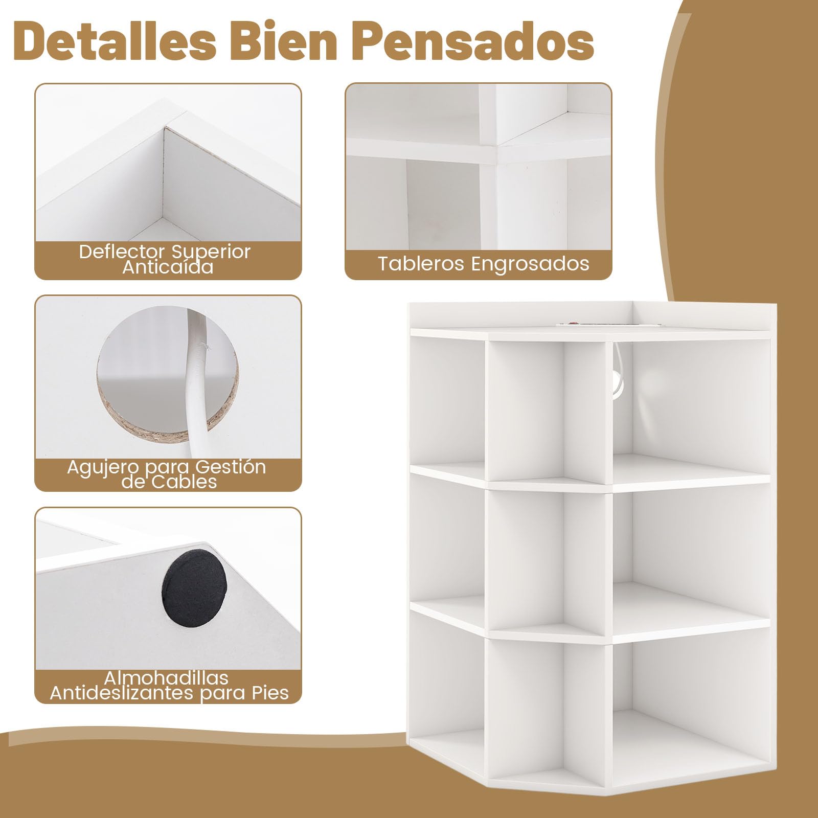 GIANTEX Librería Esquinero de 3 Niveles, Estantería de Almacenamiento con 9 Compartimentos Abiertos, 51 x 71,5 x 86 cm, con Puertos de Carga, Librería Triangular para Salón, Estudio (Blanco)