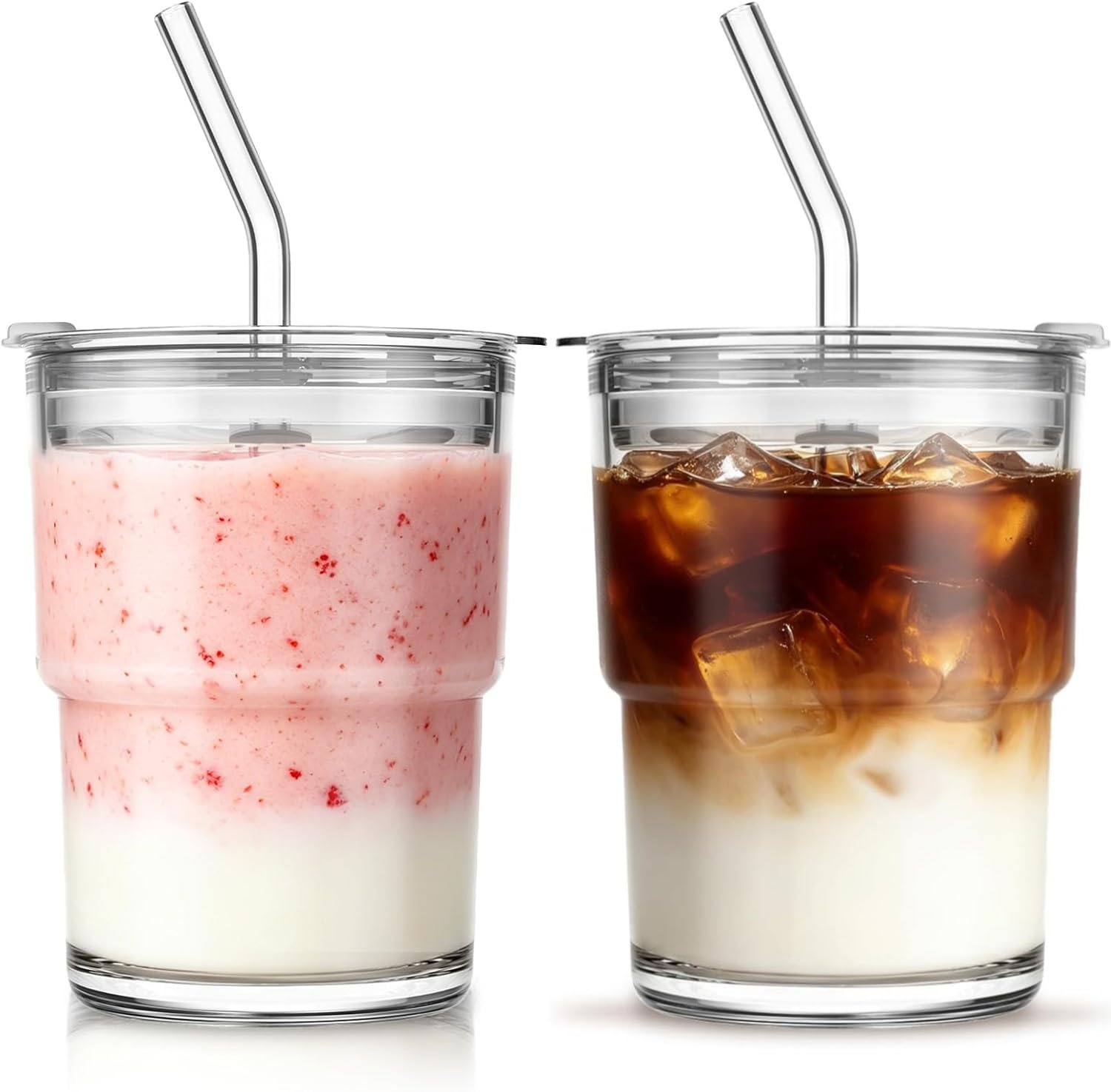 LATERN 2Pcs 400ml Glass Tumblers with Lid and Glass Straw, 13oz Thick-Walled Iced Coffee Cup Reusable Clear Glassware Cup for Water, Iced Tea, Coffee, Juice Hot & Cold Drinks, Travel & Daily Use