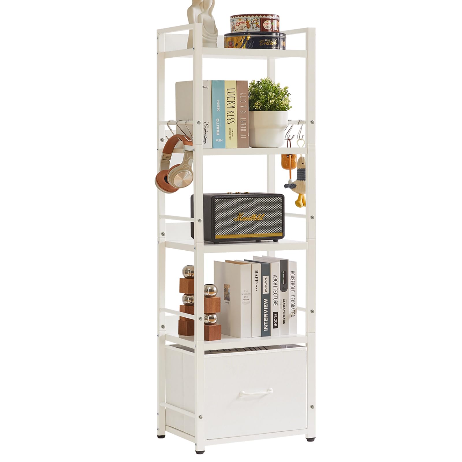 Aibiju Ladder Shelf, Bookshelf, 5 Tier Bookshelf with Drawer, Plant Stand, Living Room Bookcases for Living Room, Bedroom, Kitchen, Steel Frame,White YD-BC001W โ image 1