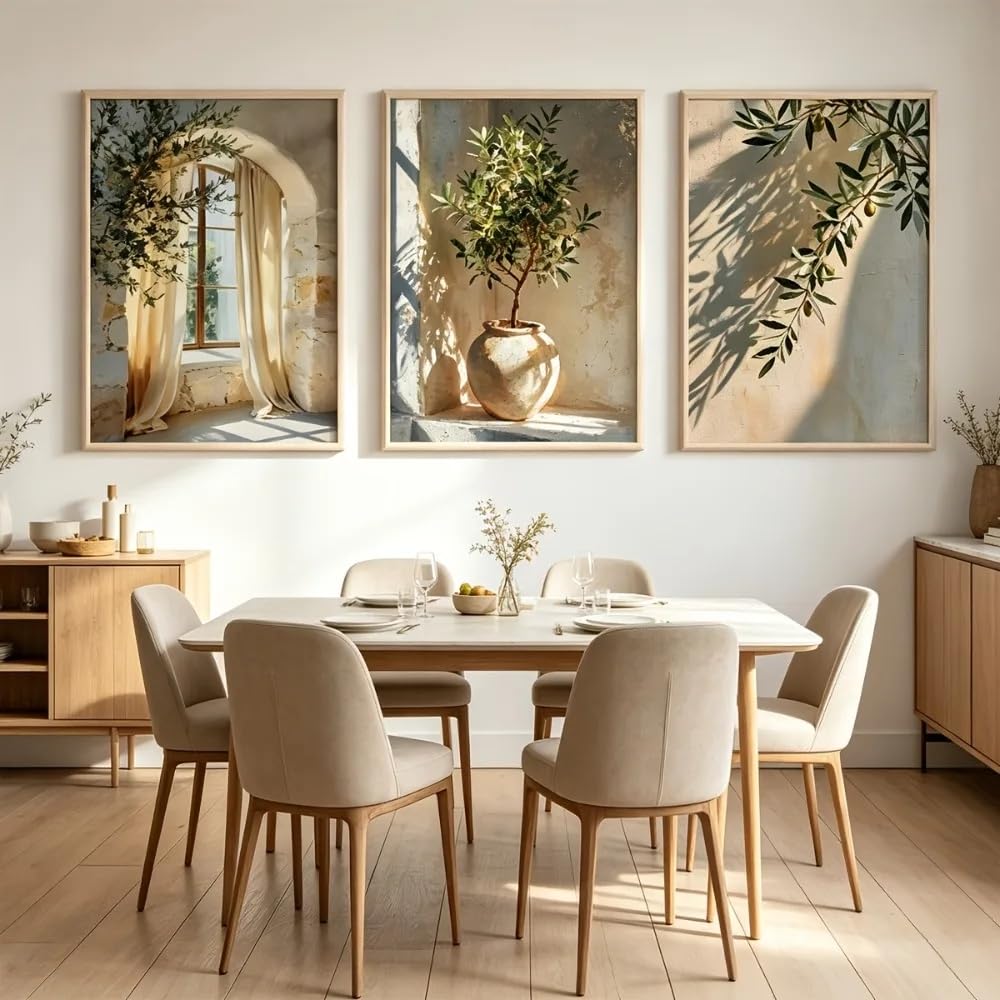 Póster con estampado rústico de flores, ramas de olivo y hojas de olivo, estilo retro, para sala de estar, decoración moderna para el hogar (50x70cmx3/Sin marco)