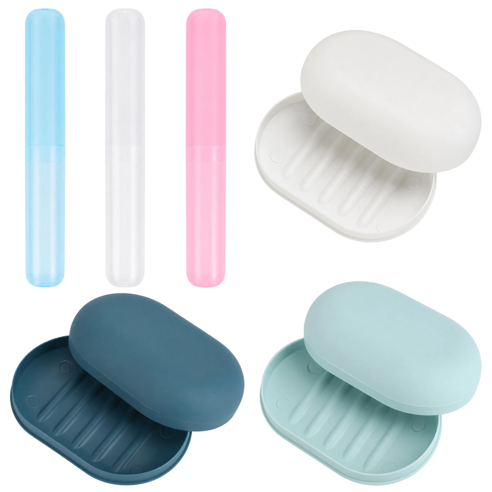 3 Pcs Soap Dish with Lid & 3 Pcs Toothbrush Case Set, Travel Soap Box Leakproof Container, Plastic Bar Soap Holder Portable for Home Camping Hiking Gym