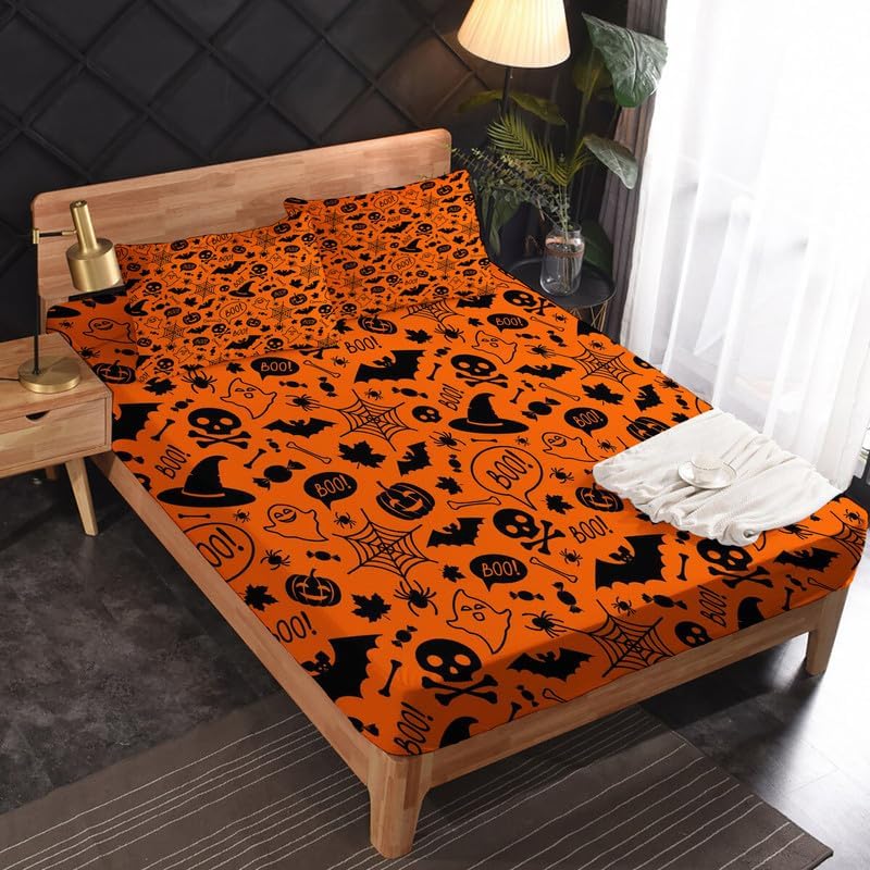 Miniatura 2 de Juego de sábanas de Halloween tamaño California King, color naranja y negro, microfibra suave, bolsillo profundo, sábanas y fundas de almohada sin