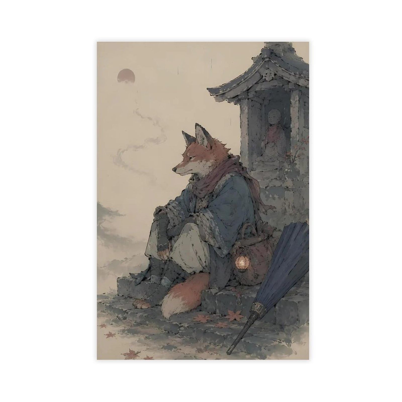 Toile style japonais renard bleu clair déco chambre coucher moderne - 8