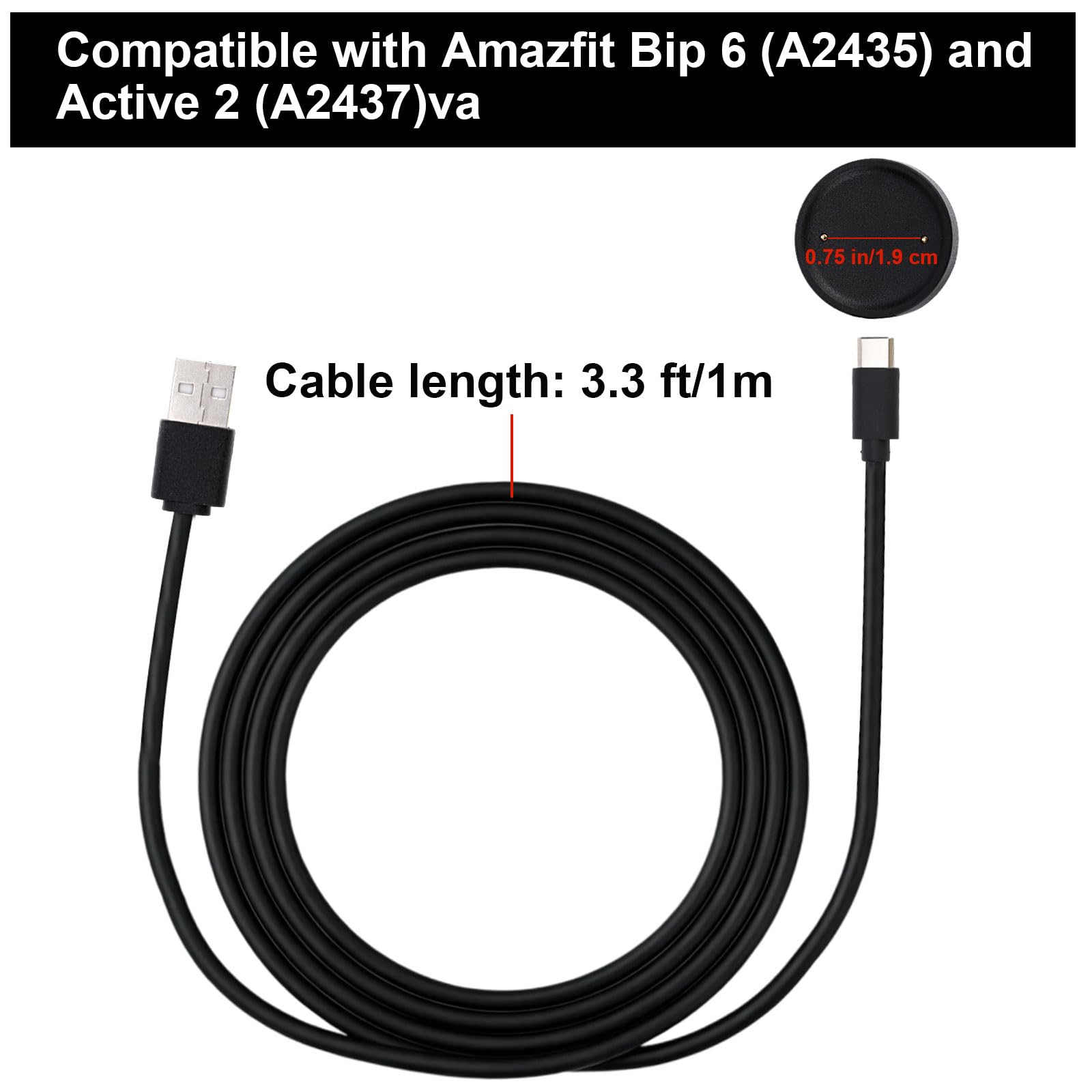 Kabel Ładujący do Amazfit Active 2/Bip 6, 1m Wymienny Kabel Ładujący USB Przenośny Smartwatch Typu C Stacja Dokująca i Ładowarka (Czarny)