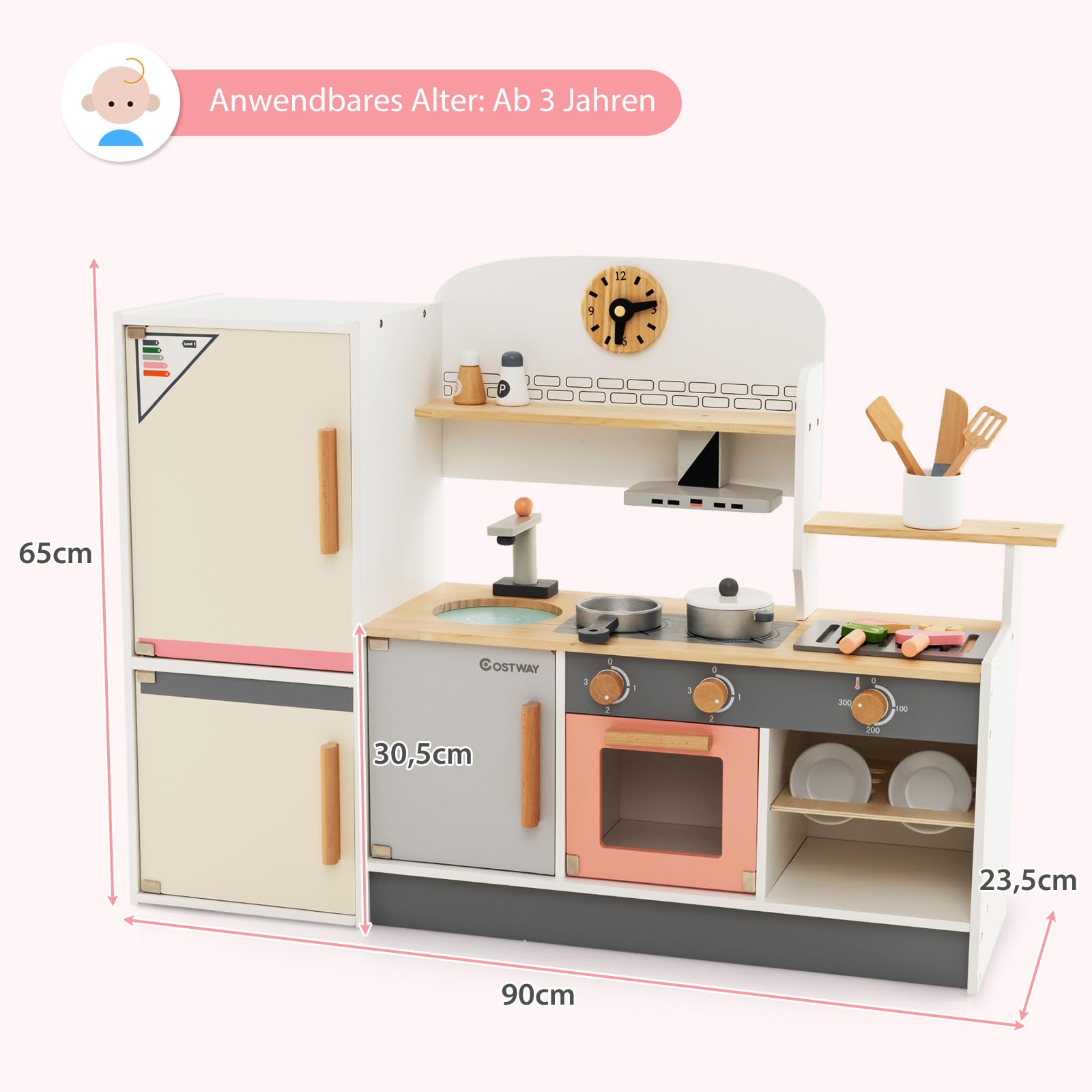 COSTWAY Kinderküche Holz, Spielküche mit Dustabzughaube, Kühlschrank, Wasserhahn & Küchenutensilien, Holzküche Spielzeugküche mit Stauraum für Kinder ab 3 Jahren