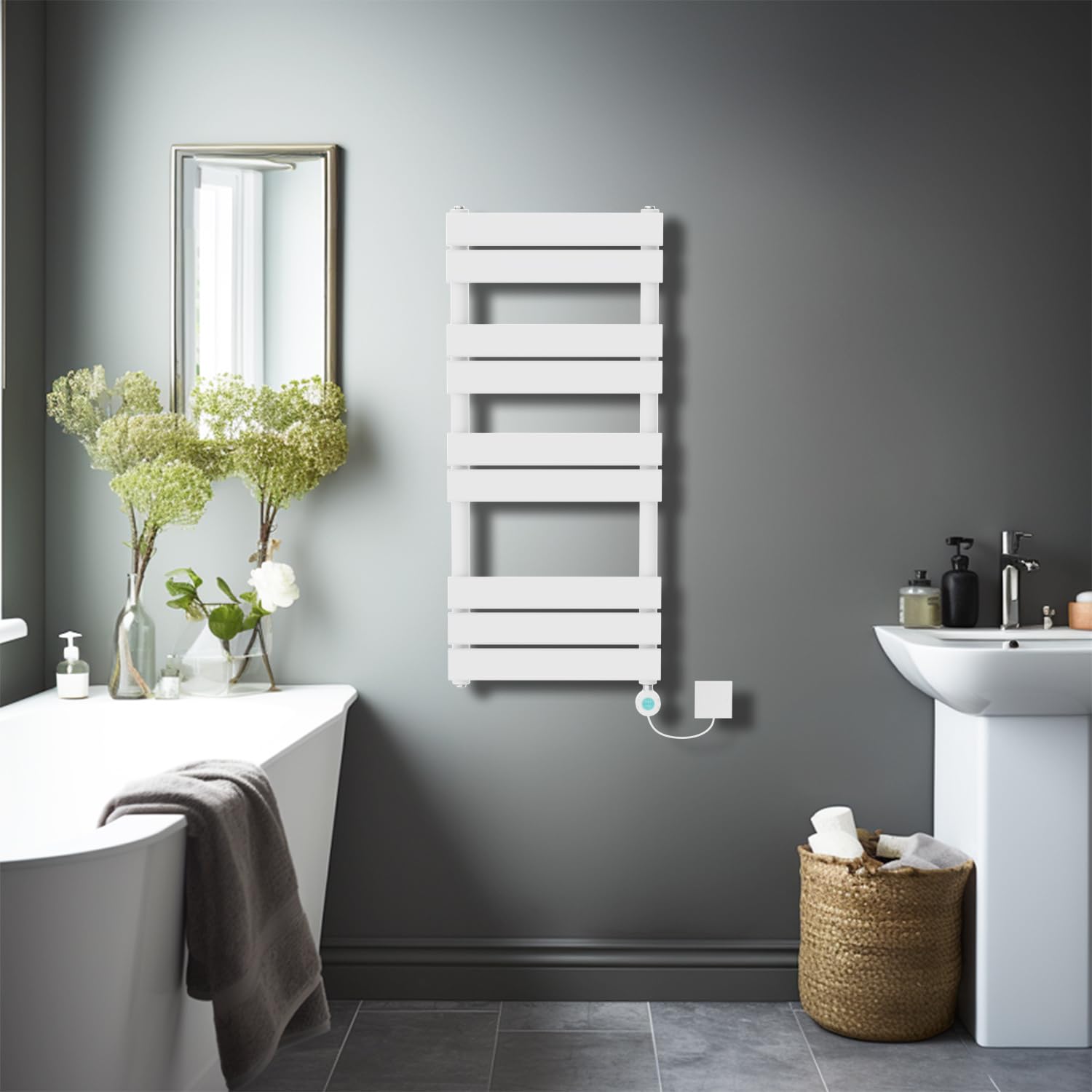 NRG 1000×450mm Gloss White Flat Panel Towel Rail Radiator, WiFi LCD Element