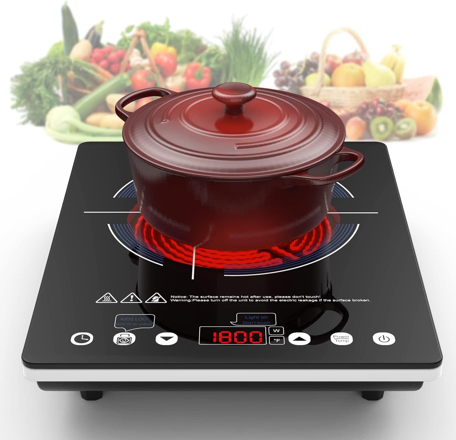 VBGK Placa Vitrocerámica 1 Fuegos con Enchufe, 2000W Vitrocerámica Portátil, 10 Niveles Calor Infrarrojo, Bloqueo para niños, Temporizador 4 Horas, Fácil Limpieza