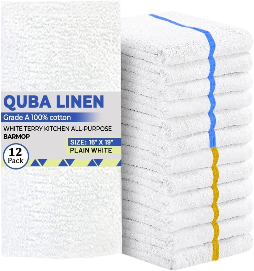 QUBA LINEN Bar Mops Towels 12 Pack - 100% Cotton Terry Cleaning Rags 16x19 Inch Highly Absorbent Machine Washable for Kitchen Home