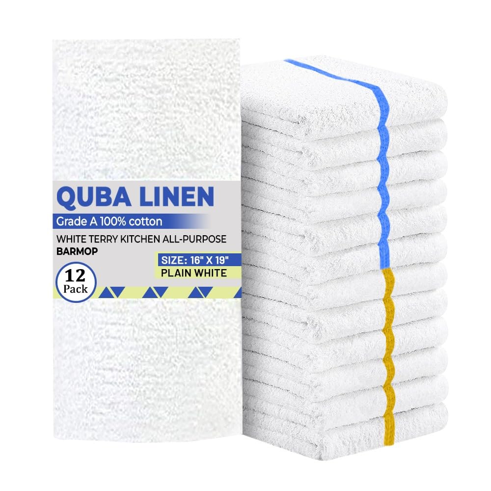 QUBA Linen - Bar Mops Towels, 12 Pack Premium Quality 100% Cotton, Size 16x19 Highly Absorbent and Multi-Purpose Cleaning Rags - Terry Towels for Home and Kitchen Machine Washable bar mops (12)