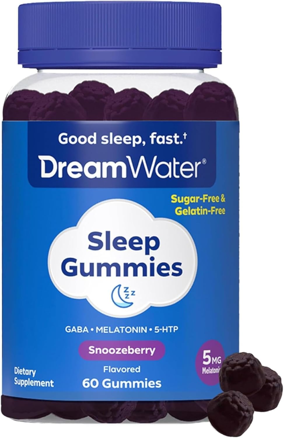 Dream Water Sleep Gummies; Melatonin 5mg, GABA, 5-HTP; Natural Flavors and Colors; Helps You to Fall Asleep, Fast and Wake Refreshed, Snoozeberry, 60 Gummies