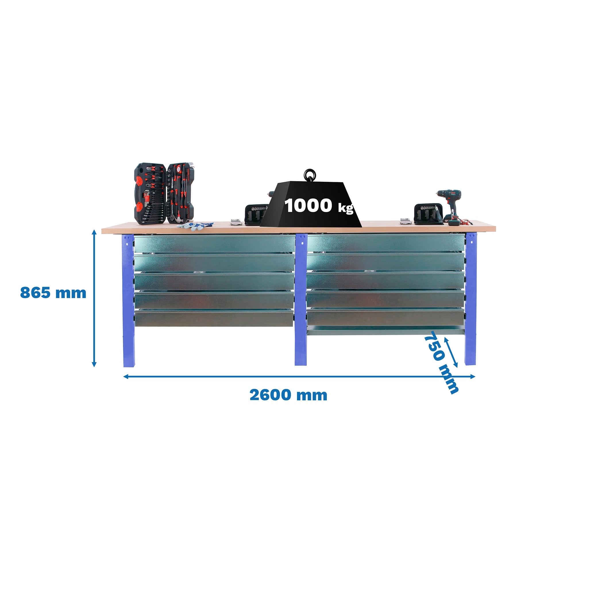 SimonRack Banco de Trabajo Taller Doble, Capacidad Carga 1000 kg, 865x2600x750 mm, 10 Cajones, Mesa de Trabajo, Azul/Haya - BT6 PRO