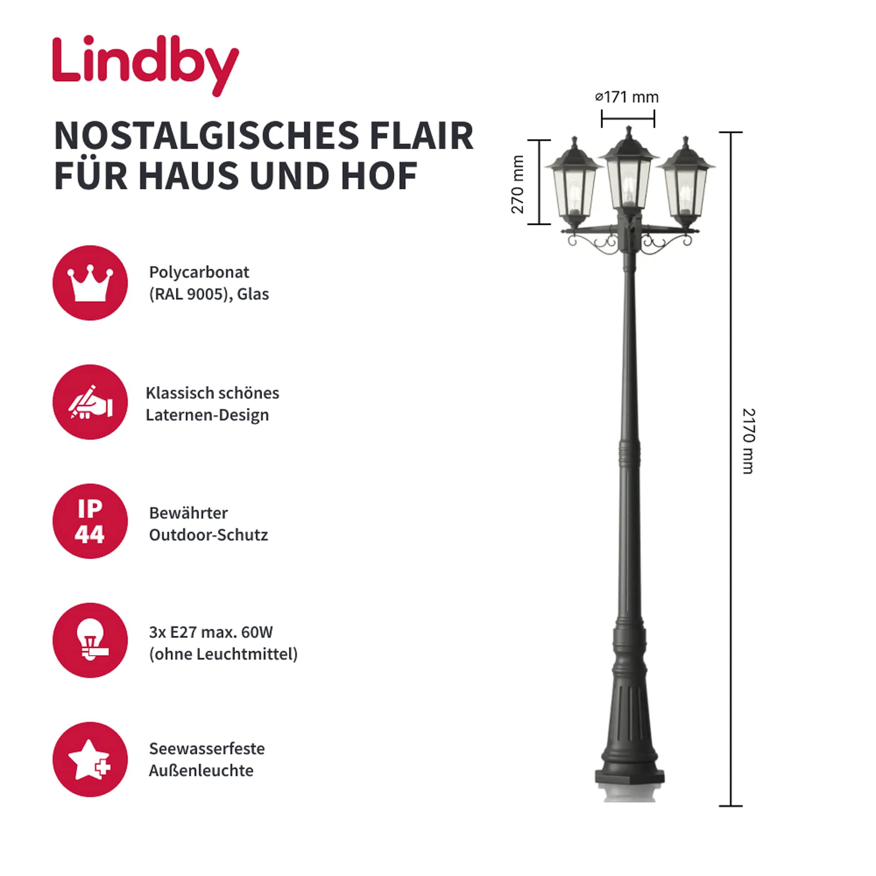 Lindby Mastleuchte Wegeleuchte 217 cm Aussenleuchte IP44 E27