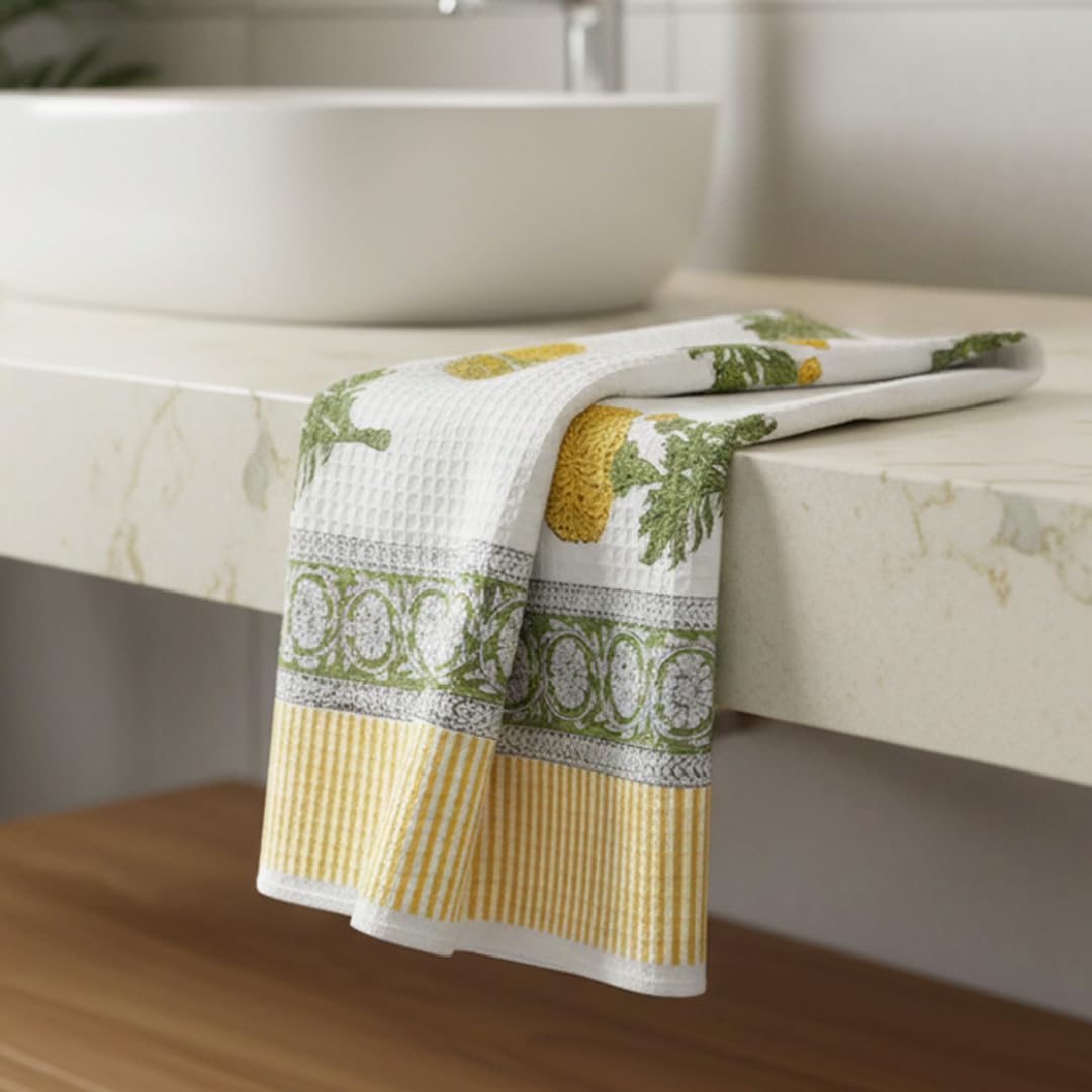 Peepul Tree 100% Pure Cotton 1 Bath Towel in White & Yellow Marigold | Soft & Super Absorbent | Quick Dry Face Towels | Block Printed Floral Design I Pure Cotton Waffle Towel 76X152 CM-image-1
