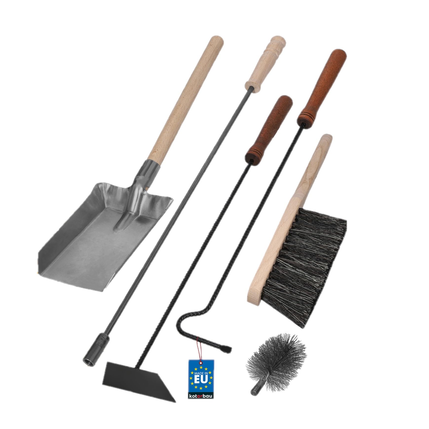 KOTARBAU® Kaminbesteck 5er Set mit Schürhaken Besen Schaufel Kaminbesen Besenstab mit Holzgriff Kamingarnitur Ofenbesteck Kaminzubehör Pulverbeschichtetes Metall Braun und Schwarz
