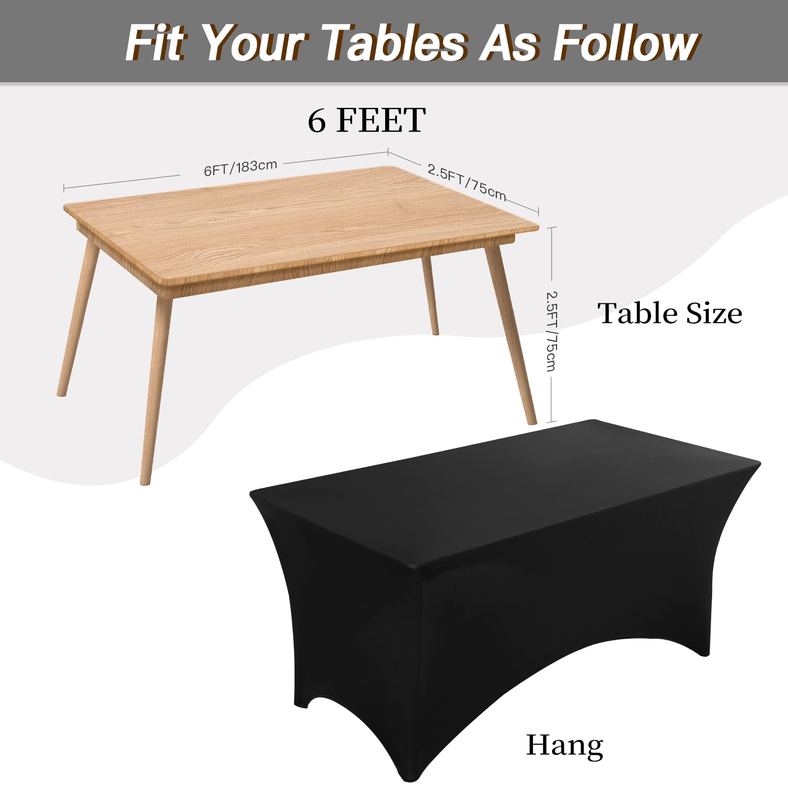 Fixwal Paquete de 6 manteles rectangulares de Elastano, Ajustables, Resistentes, elásticos, rectangulares, para Patio, Eventos, Bodas, Banquetes, Fiestas (Negro, 72 Pulgadas de Largo x 30 Pulgadas de