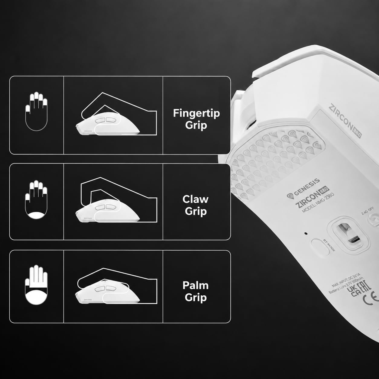 Genesis Zircon 880 - Ratón inalámbrico para videojuegos (12000 ppp, modo triple), color blanco | Ratón inalámbrico E-Sport con sensor PAW3311, 64 g, Kailh Optical, 6 botones, 2,4 GHz, Bluetooth y USB-C