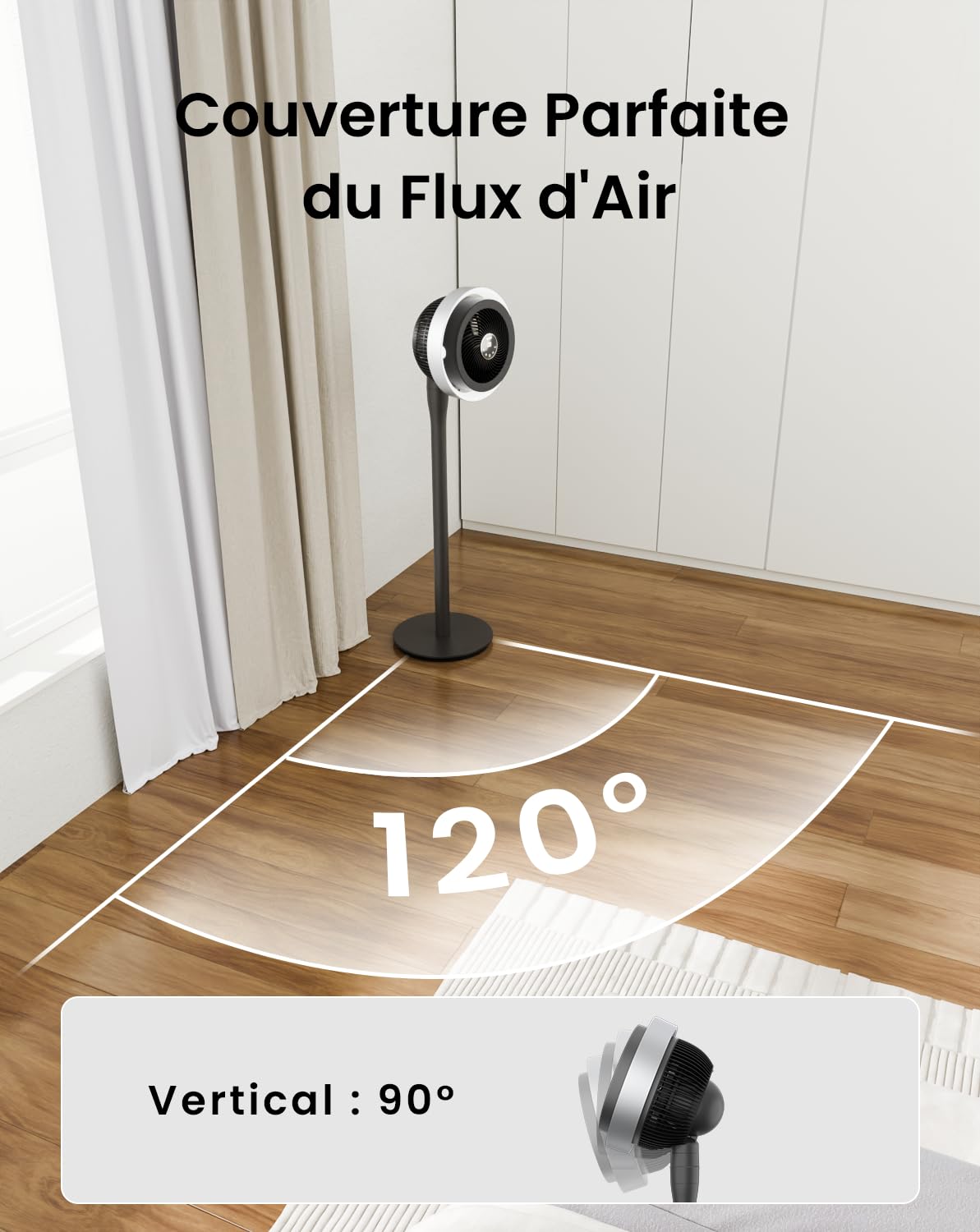 Airmate Ventilateur avec Lumière, 25dB Ventilateur Silencieux, Ventilateurs sur Pied à 16 Vitesses Réglables, Vent Fort, Oscillant 90°+120°, Trois Hauteur Réglables, Fan avec Telecommande