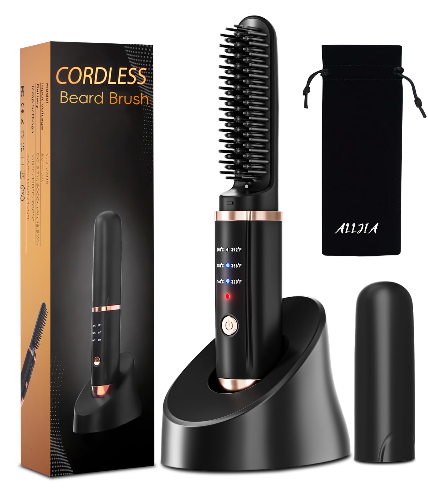 Cordless Beard Straightener for Men Travel 30s Quick Heat 5000mAh Rechargeable Beard Brush with 3 Temp. (max 200°) Anti-Scald