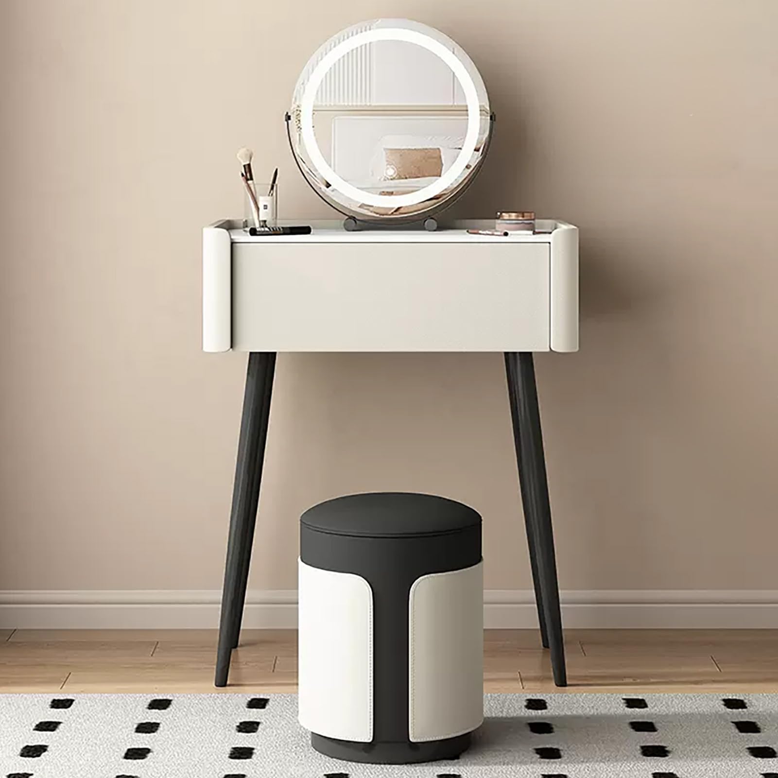 CGCSYZ Makeup Vanity Set, Slate Vanity Table, Microfiber Leather Vanity Desk, Narrow Dressing Table, Makeup Table with Rotatable Mirror, with Cushioned Stool, Metal Legs(Off-white-50cm/19.6in)