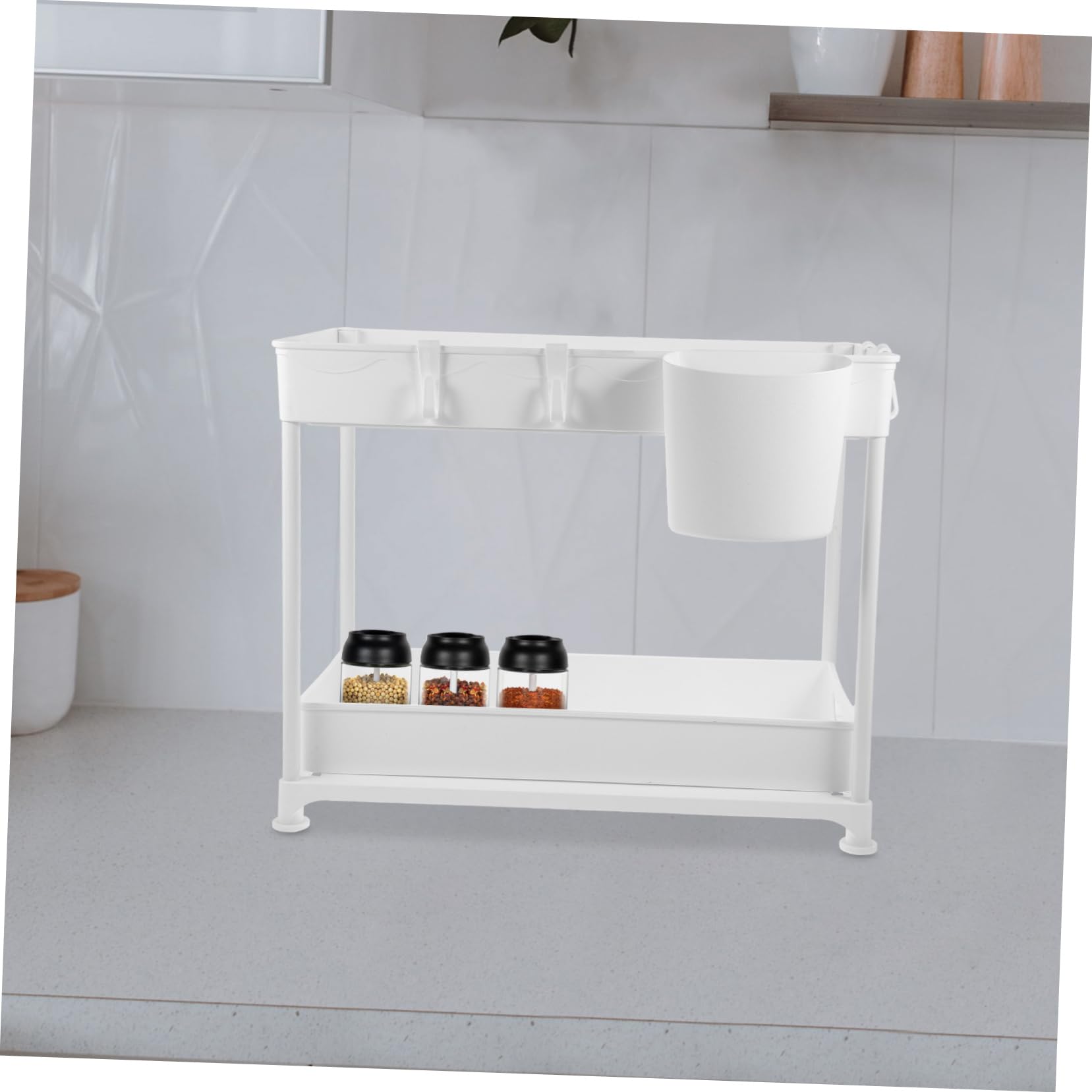 Mensola Organizzatore Sottolavello Estraibile Bianco Abs a Due Livelli | Design a Guardrail, Grande Capienza, Bagno e Cucina, Anti-caduta per Stoviglie