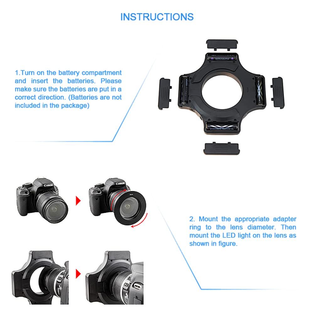 JJC Makro LED lampa pierścieniowa z 60 diodami LED o wysokiej intensywności, dyfuzor lampy błyskowej do obiektywu Canon Sony Nikon Olympus Fuji DSLR, 6 pierścieni dopasowania obiektywu - od 49 mm do