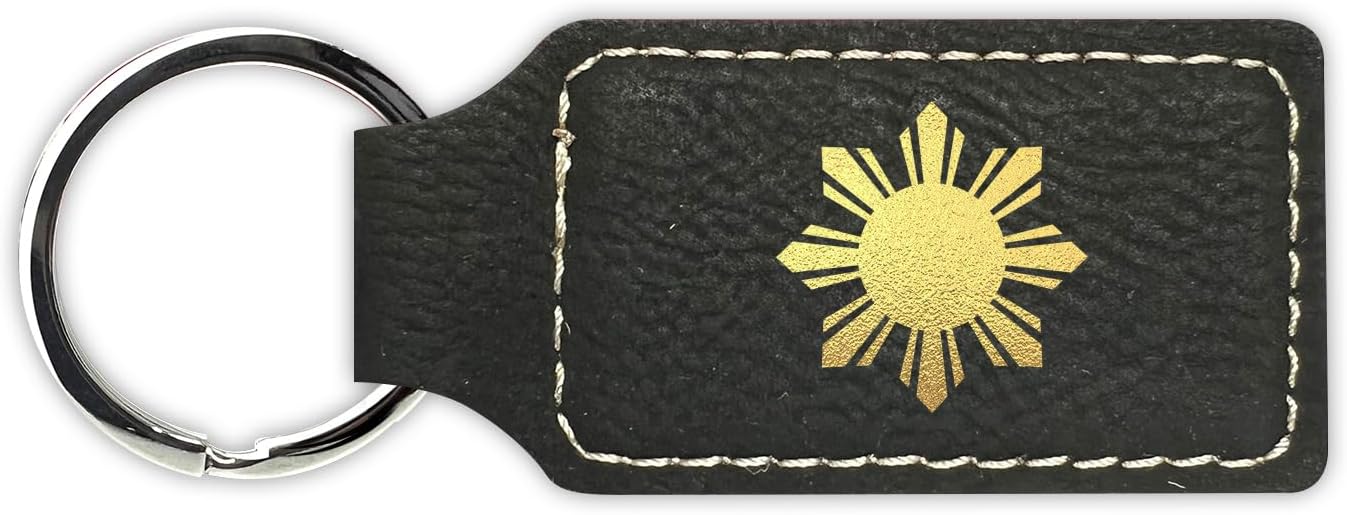 RDW Philippines Sun Keychain Leatherette Rectangle - Laser Engraved - Many Colors - Key Chain Ring - filipino stars flag