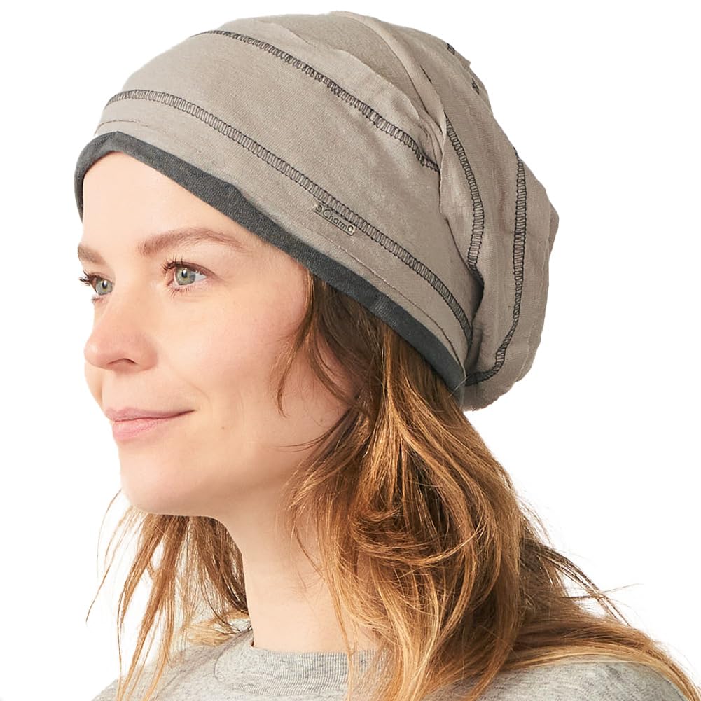 CHARM Slouchy Linen Beanie Hat - Mens Lightweight Knit Hat Womens Baggy Summer Slouch Beige & Dark Grey