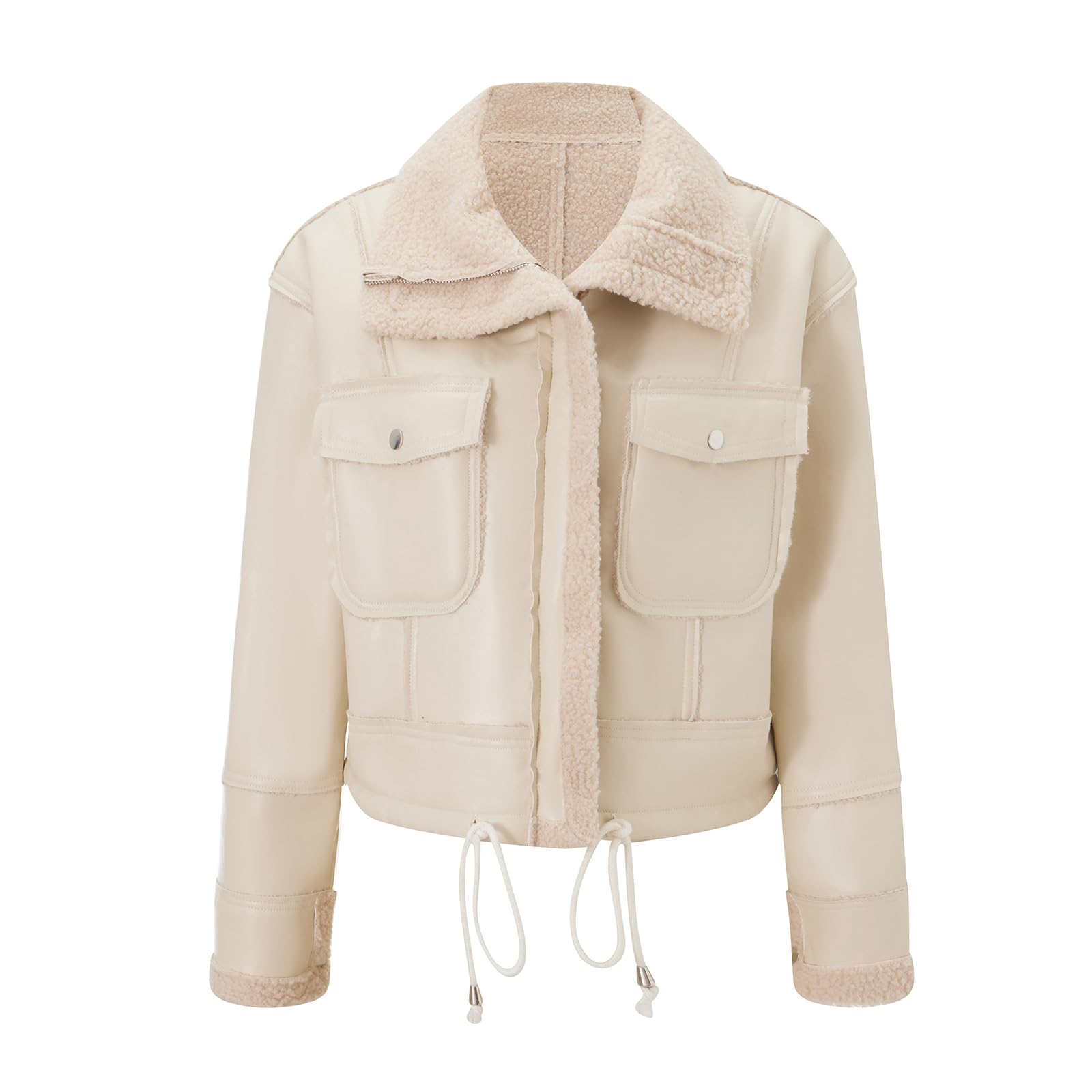 Damen Lederjacke Kurz Gefüttert Winterjacke Warm Winter Fleece Motorrad Jacke Vintage Innenfutter Mantel mit Reißverschluss Fellkragen Wintermantel