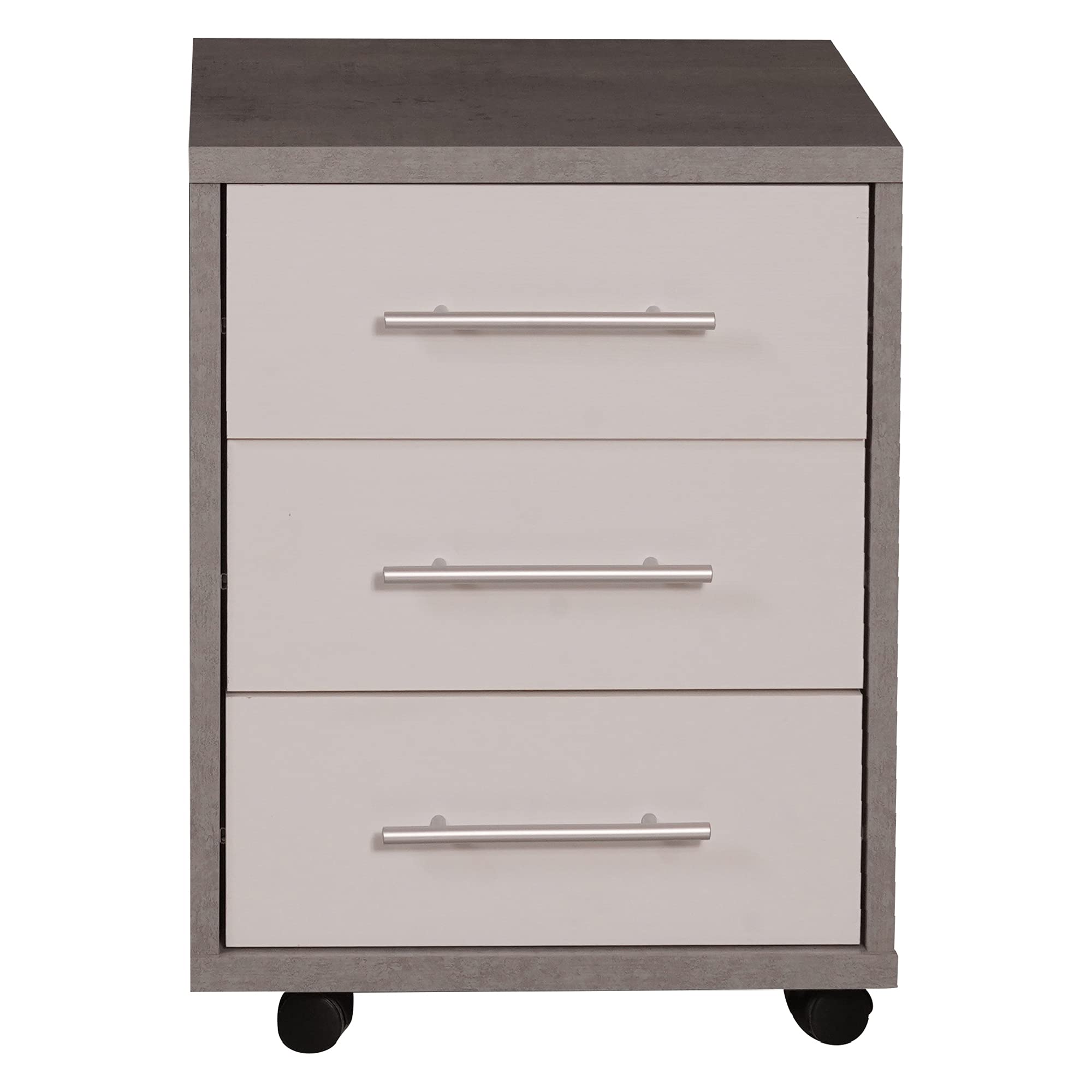 Dmora Commode de bureau avec 3 tiroirs sur roulettes, porte-documents, table de chevet de bureau élégante, cm 43x40h57, couleur Ciment et Blanc