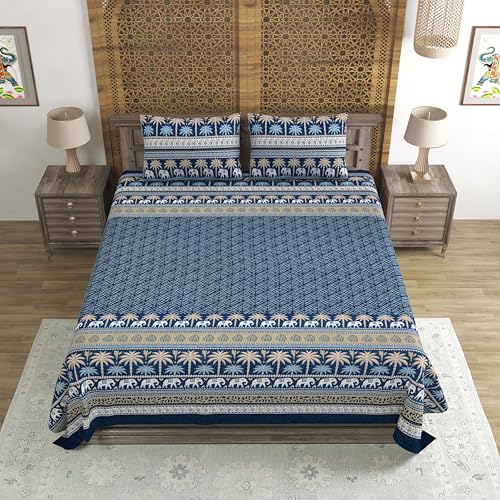 Image of BLOCKS OF INDIA Hand Block Printed 200 TC Cotton Super King Size Bedsheet(106 x 106) | Pack of 1, Batik Blue Elephant