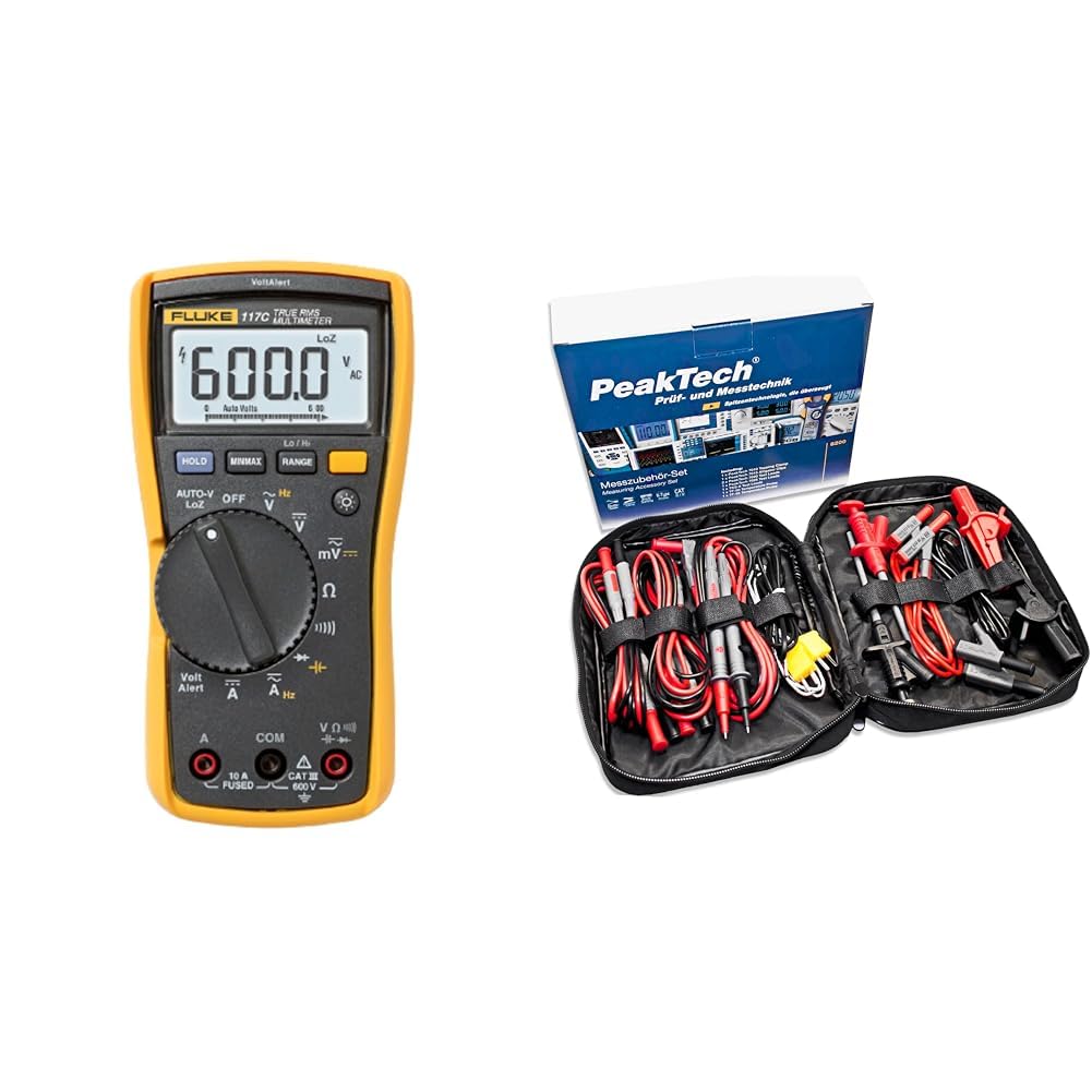 Fluke 117 Digitaler Multimeter, LCD, 6000 Ziffern CAT III 600 V & Peak Tech P 8200 – Messzubehör Set für Digital Multimeter, Prüfkabel Set, Elektronik Sortiment mit Prüfkabel, 14-teilig inkl. Tasche