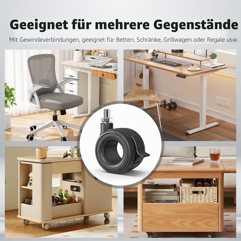 Möbelrollen mit Bremse,Rollen 4er Set, Transportrollen,Schwarz Schwerlastrollen,bis 80kg belastbar Lenkrollen ø65mm mit M8 Gewindestift Möbelrollen für Möbel,Grill, Wagen, Transportund Geräte