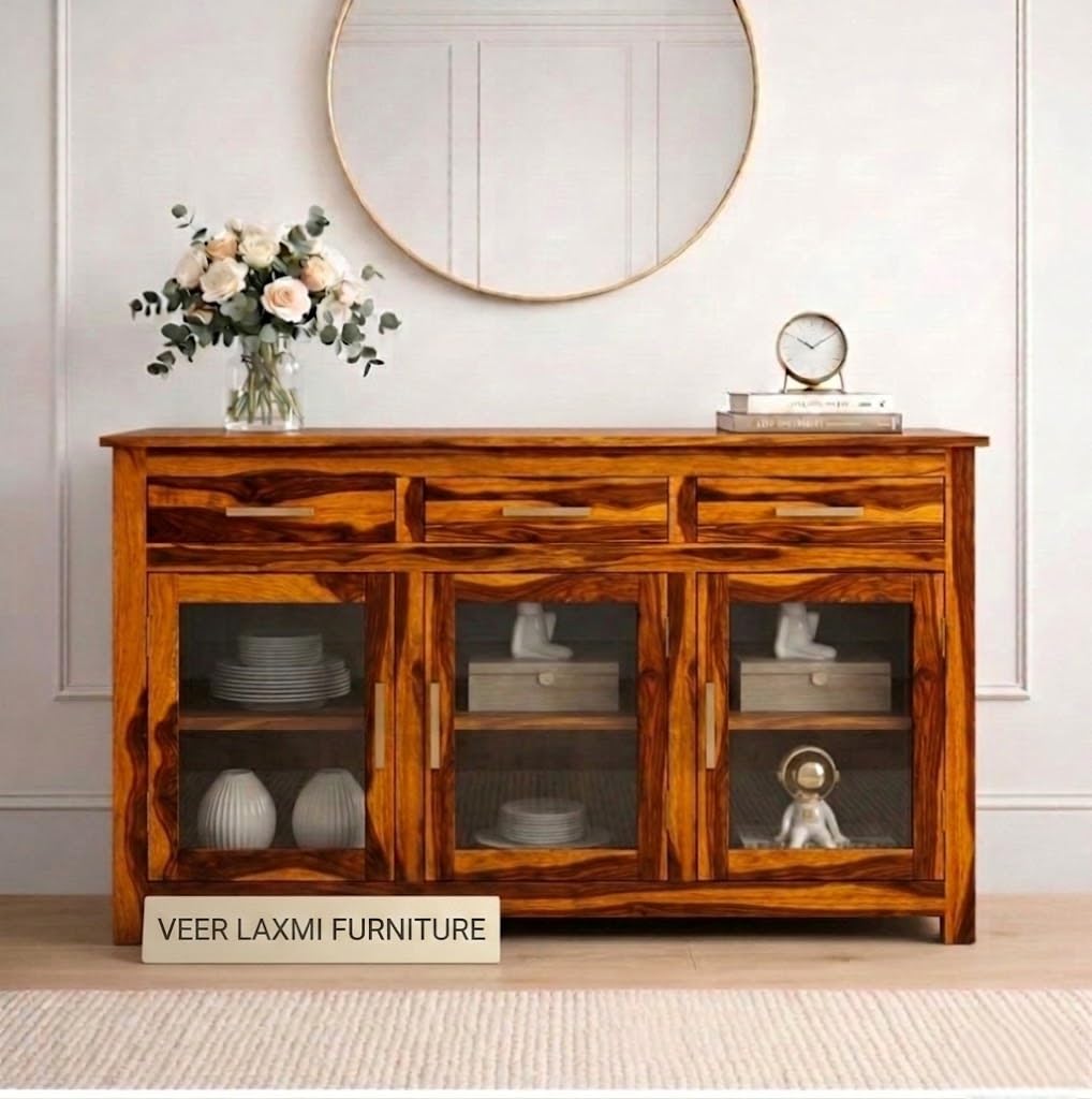 Solid Sheesham Wooden Sideboard Cabinet with 3 Drawer & 6 Shelves - Chest of Drawers Wooden Drawer Storage Cabinet for Bedroom Living Room Storage (Design 4)-image-39