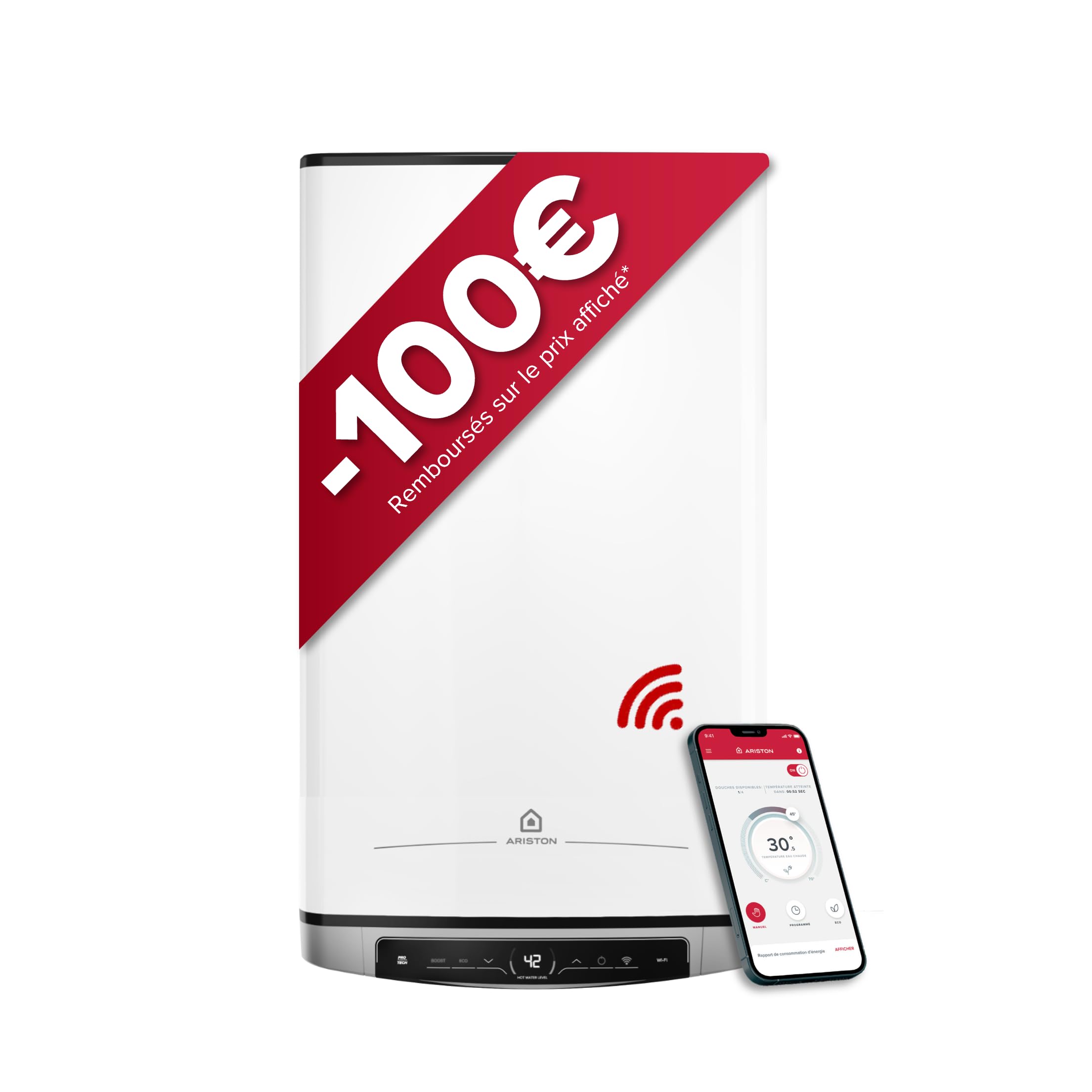 Ariston Velis Evo Dune Dry WiFi 45L Chauffe-​Eau Plat Multiposition, Résistances DRY x2 Anti-​Calcaire, 25% Économie d'Énergie, Certifié NF, Garantie Remplacement à Vie