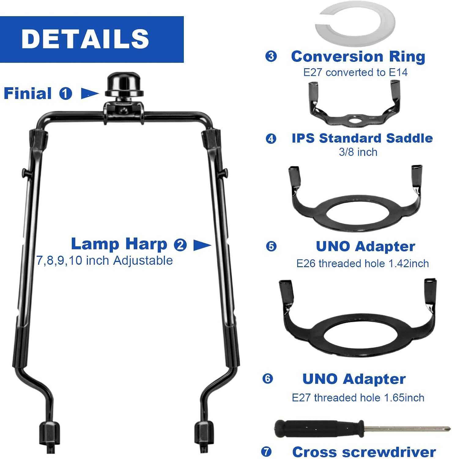 Lamp Shade Harp Holder Kits Adjustable 7" 8" 9" 10" fit for Standard 1/8 IP, E14, E26, E27 Lamp Harp Saddle with Lamps Finials, Screwdriver, Metal Lampshade Bracket Decorative Accessories - Black