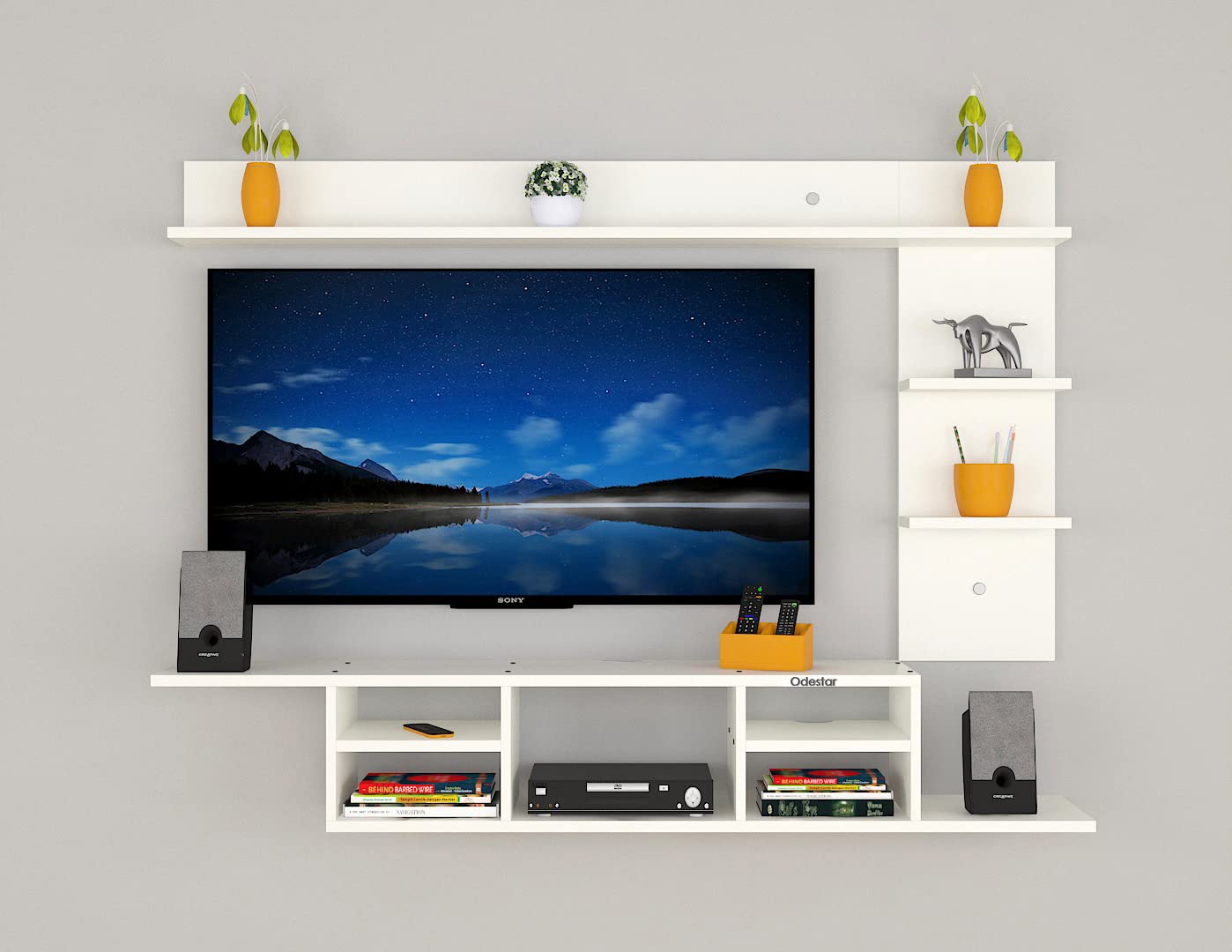 Odestar Ryder Engineered Wood Wall Mount TV Entertainment Unit/with Set Top Box Stand- White(Ideal up to 32 to 43″) Tv Screen